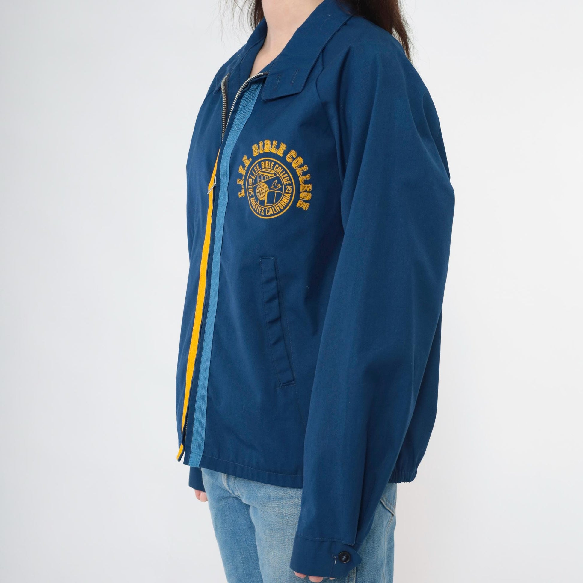 80s LIFE Bible College Los Angeles Sportmaster Windbreaker Jacket Navy Medium M