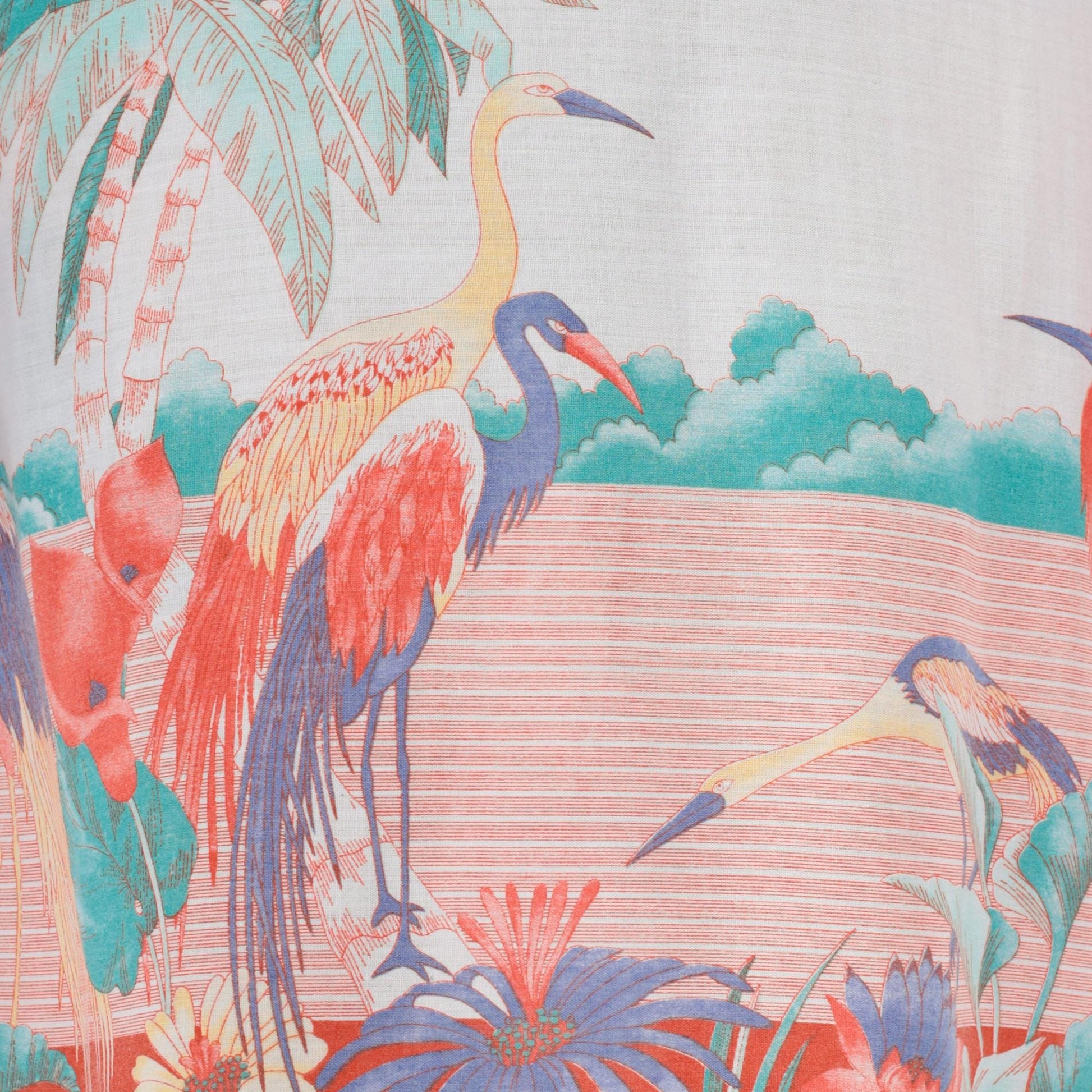 80s Tropical Bird Midi Dress White Crane Print Elastic Waist Polo Collar Extra Small