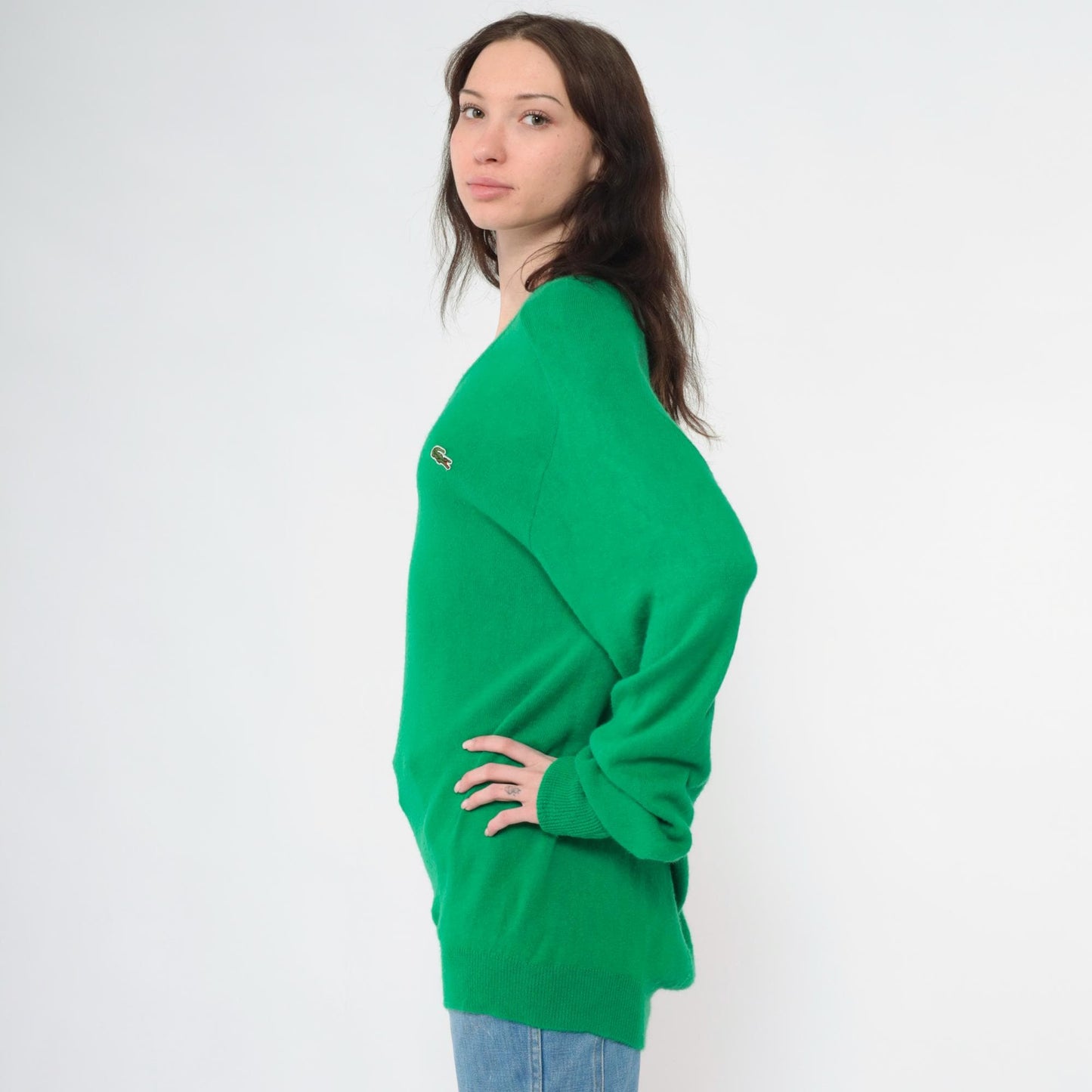 80s Izod Lacoste Green V-Neck Sweater Crocodile Logo Pullover Large L