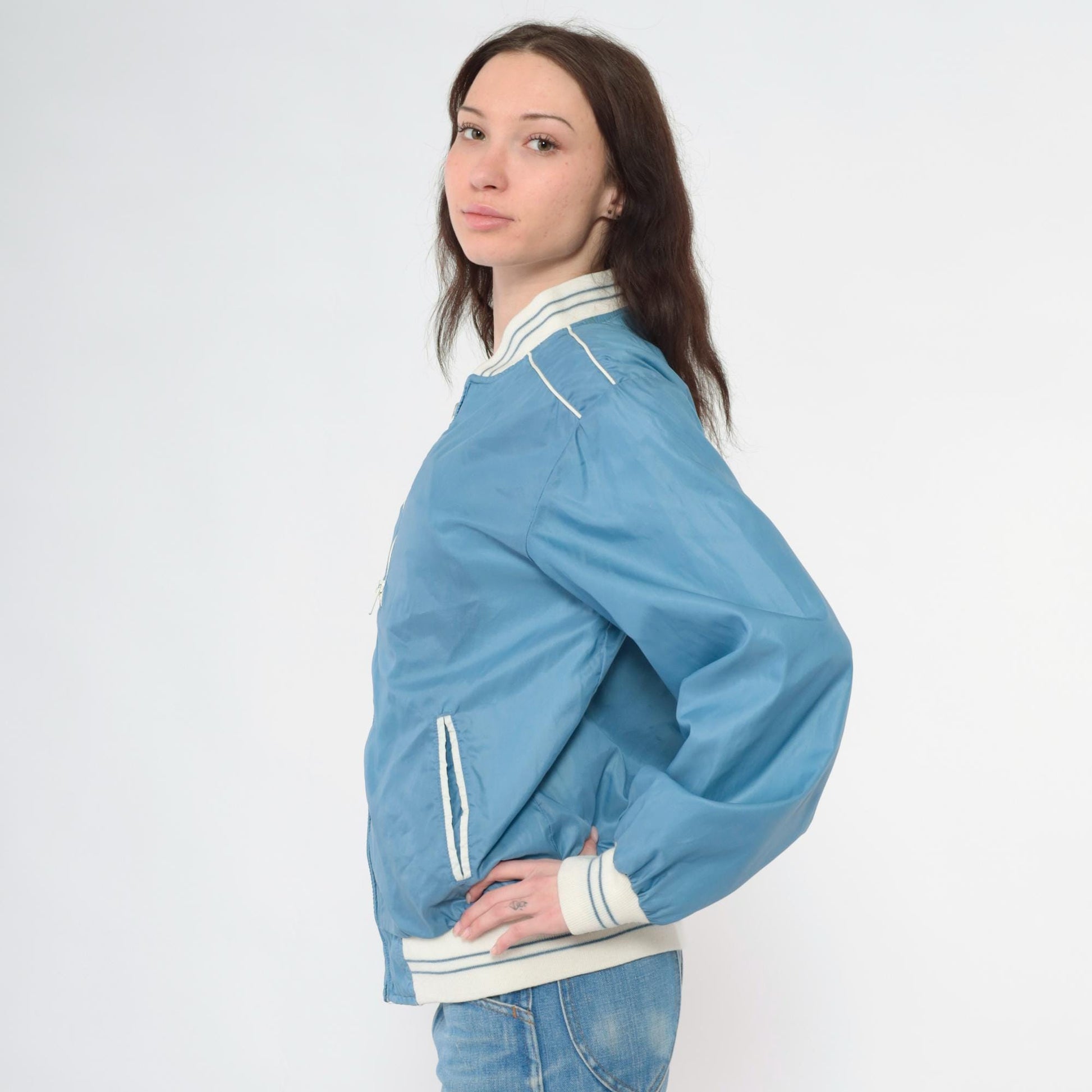 80s Reversible Windbreaker Jacket Blue White Color Block Bomber Medium