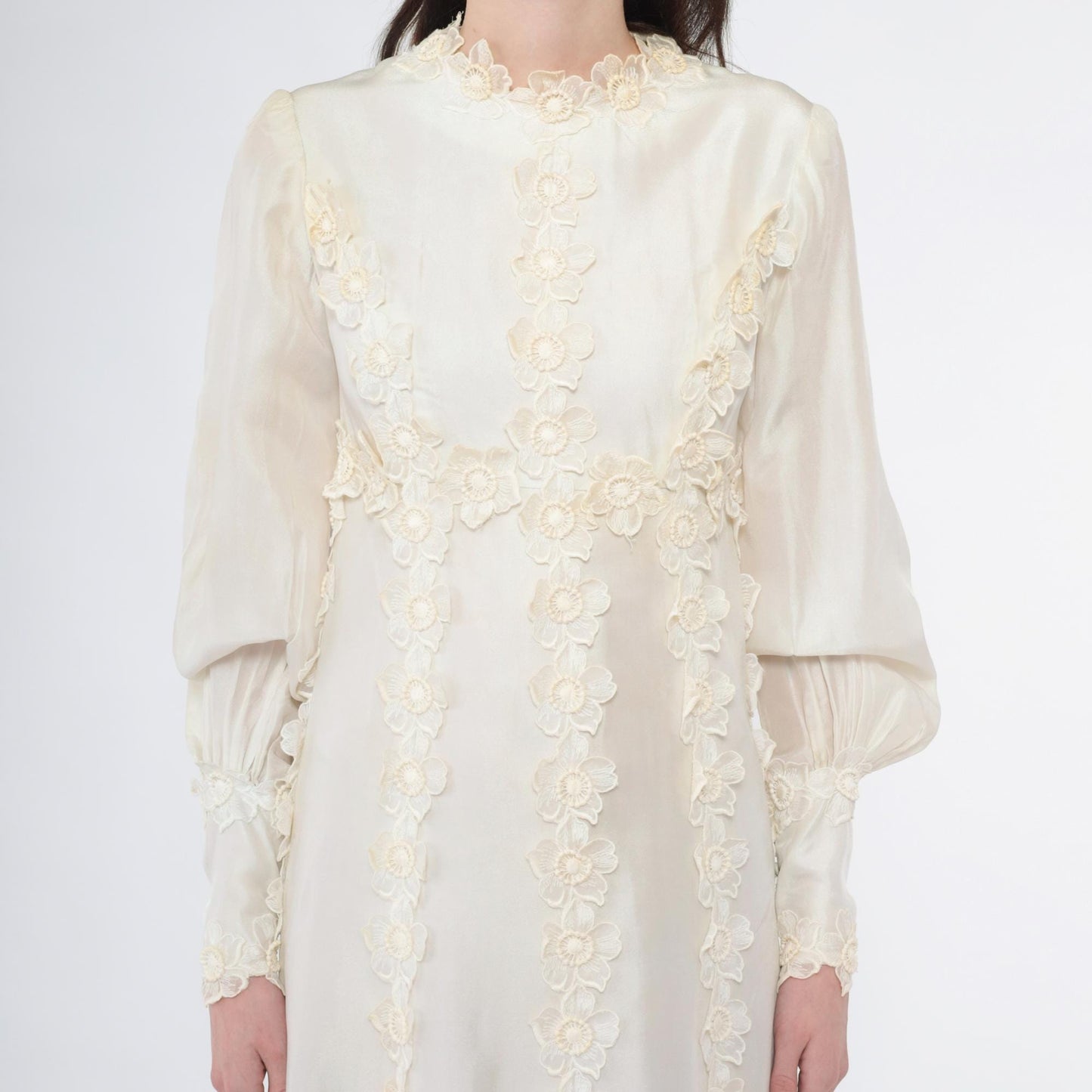 1960s Ivory Satin Wedding Dress Empire Waist Bishop Sleeve Floral Appliqué Extra Small