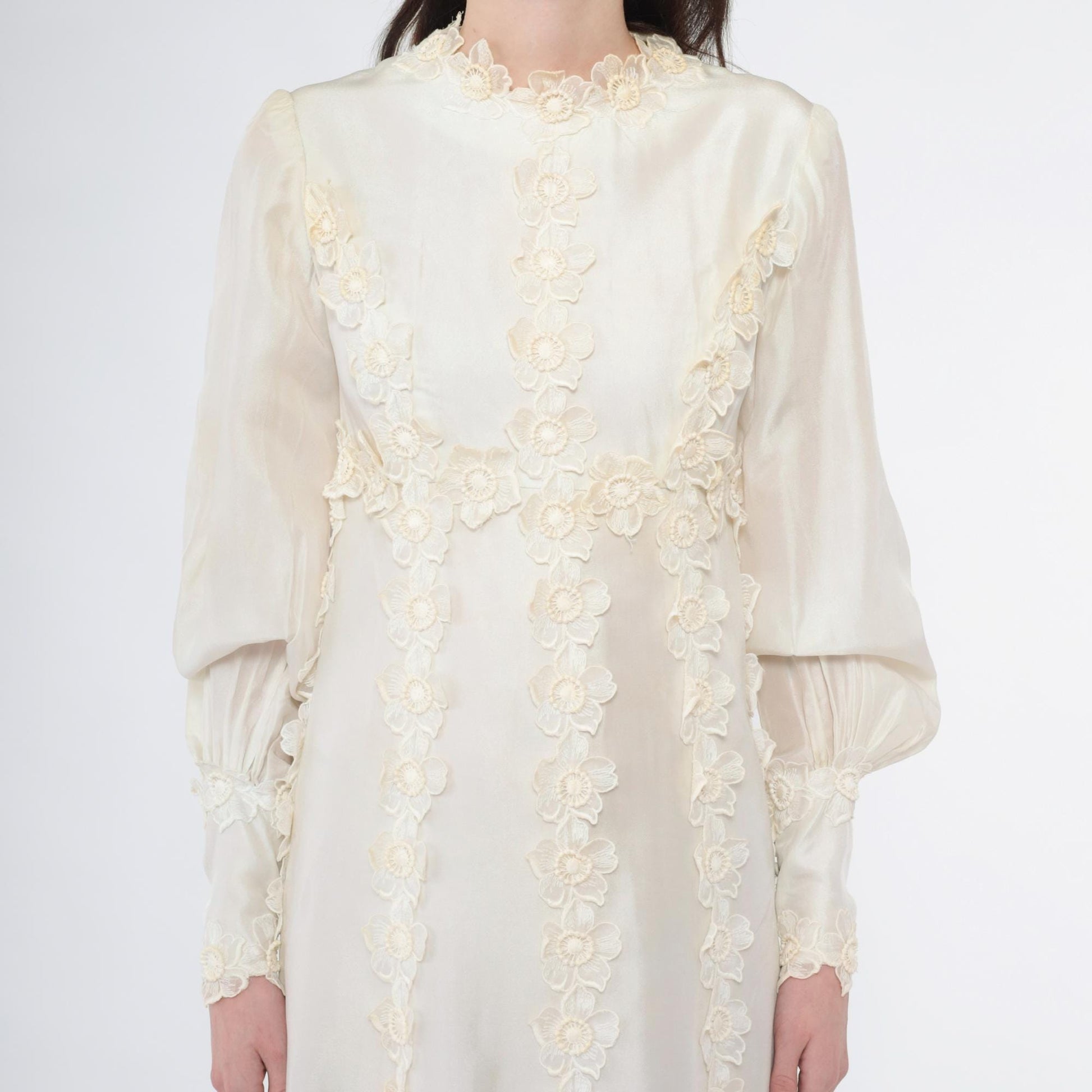 1960s Ivory Satin Wedding Dress Empire Waist Bishop Sleeve Floral Appliqué Extra Small