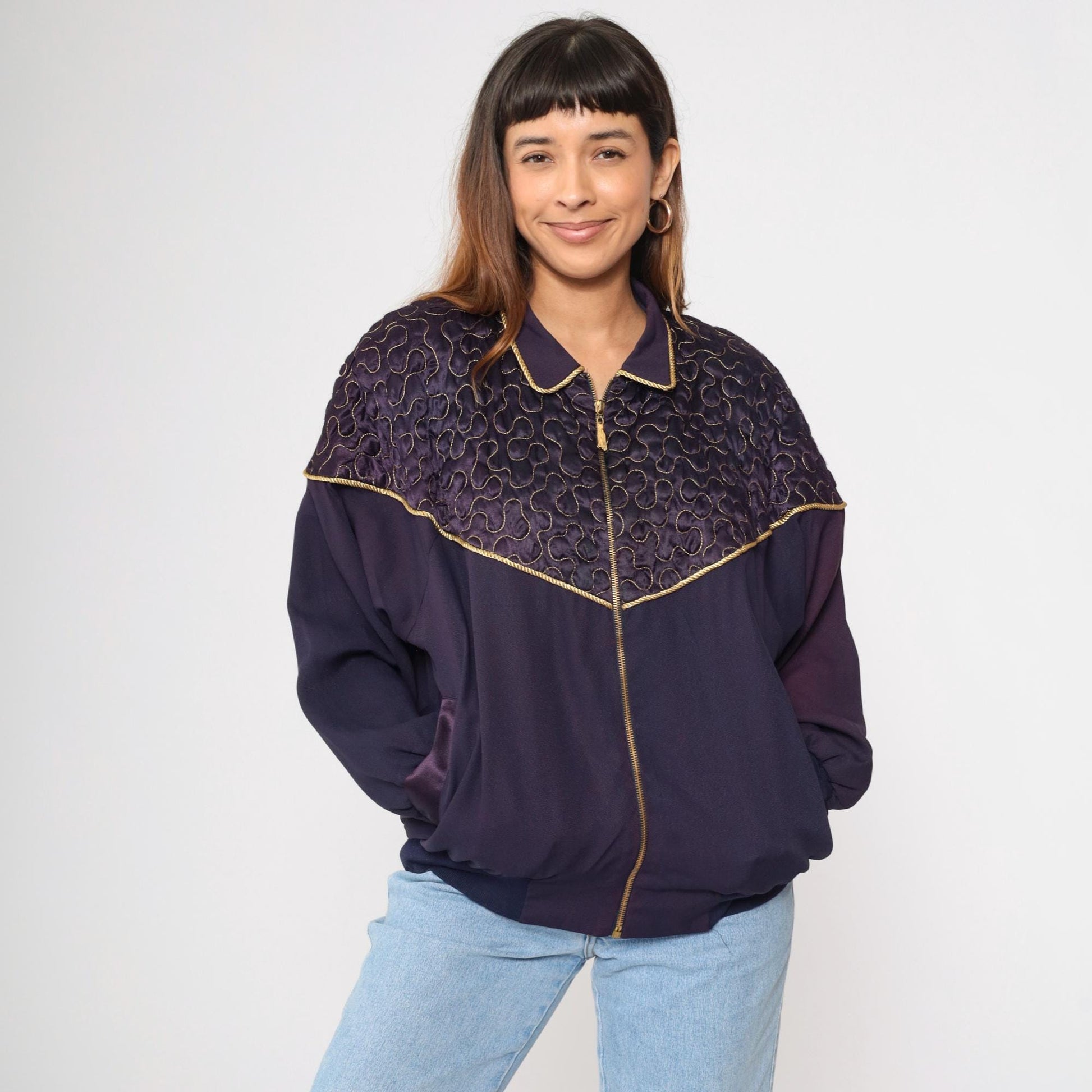 90s Purple Quilted Windbreaker Jacket Gold Trim Western Yoke Bomber Large L