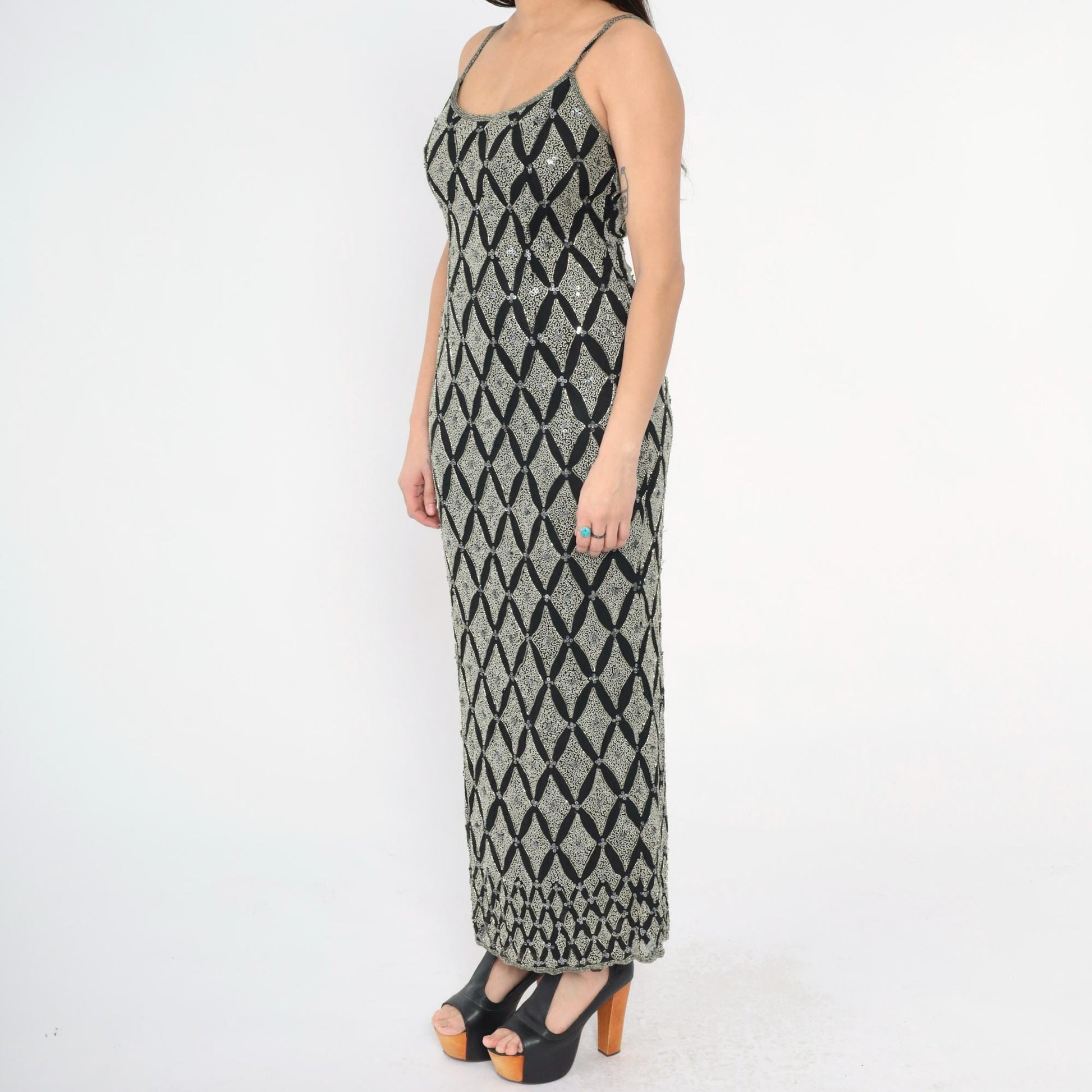 Y2K Adrianna Papell Silk Beaded Maxi Dress Black Silver Sequin Spaghetti Strap Small