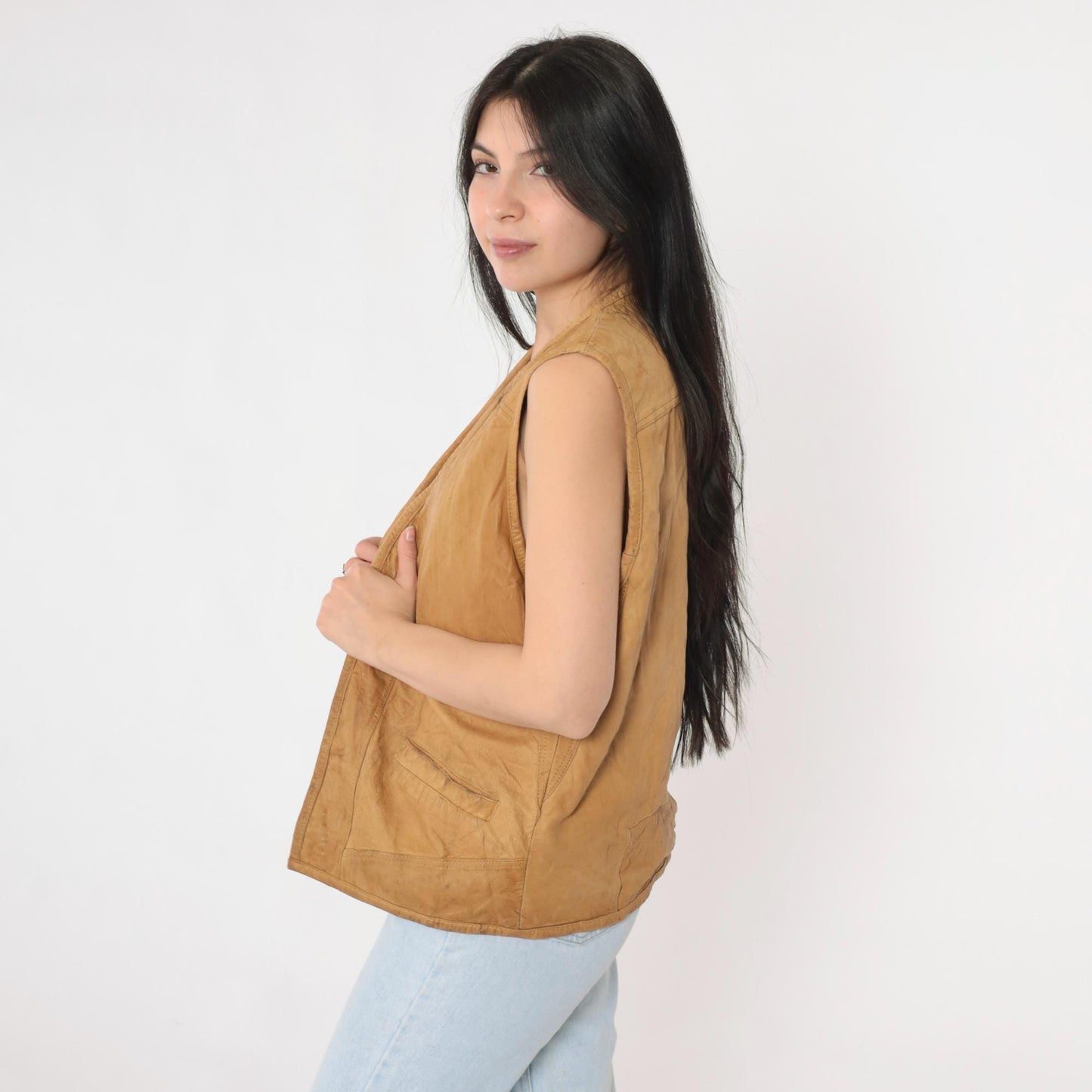 80s Petronio Tan Leather Vest Open Front Utility Large