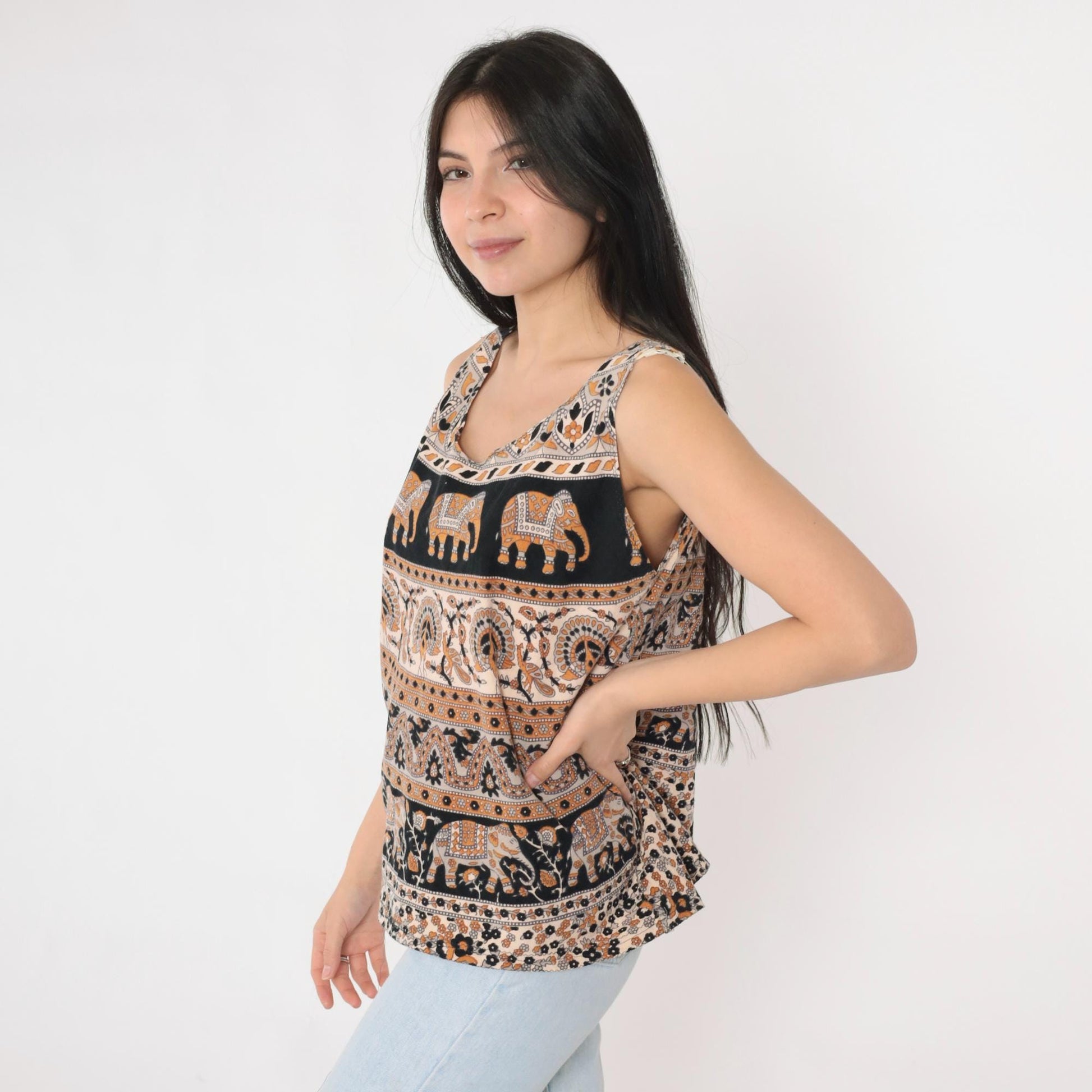 Y2K Elephant Peacock Print Tank Top Scoop Neck Black Orange Medium M