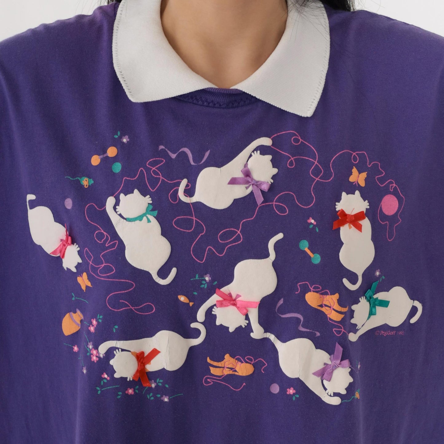 90s Purple Cat Graphic T-Shirt Bow Appliqué Collared Tee Extra Large