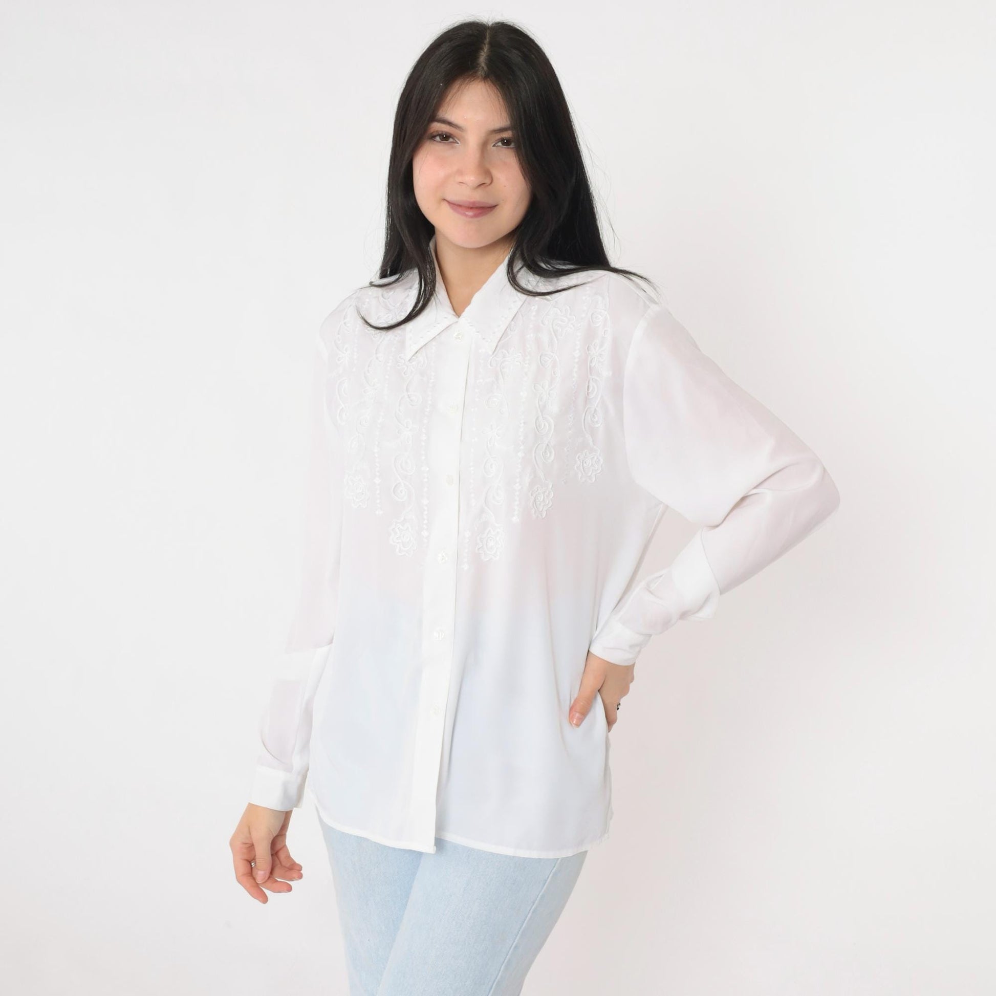 90s White Soutache Embroidered Blouse Floral Button-Up Long Sleeve Medium