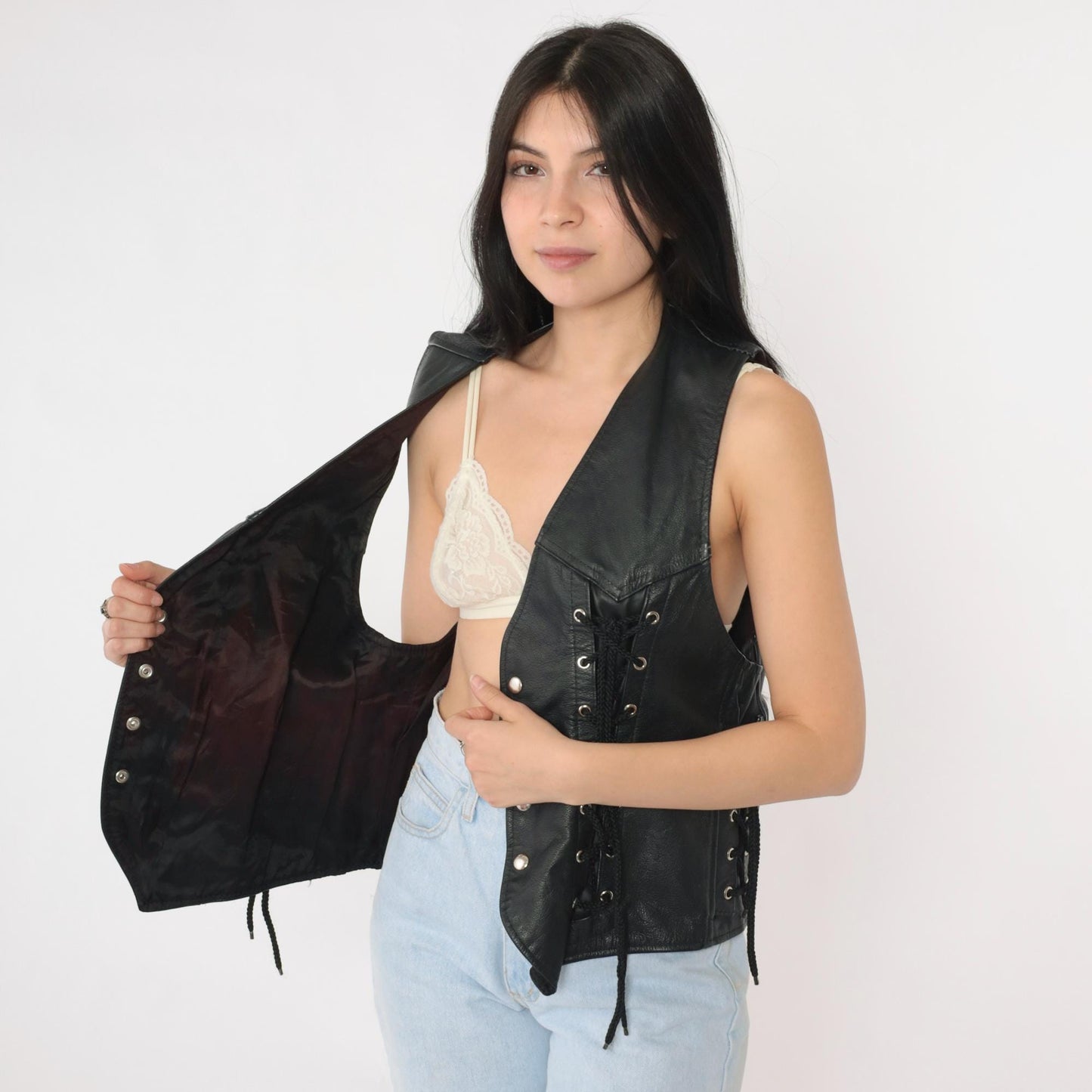 90s Black Leather Lace-Up Vest V-Neck Snap Button Sleeveless Small