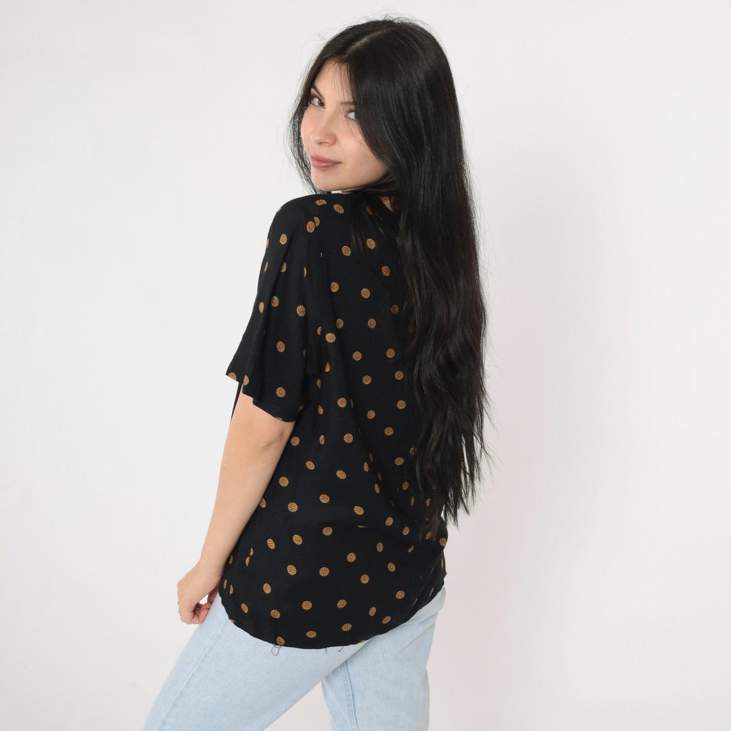 80s Norton McNaughton Black Coin Print Blouse Keyhole Back Medium