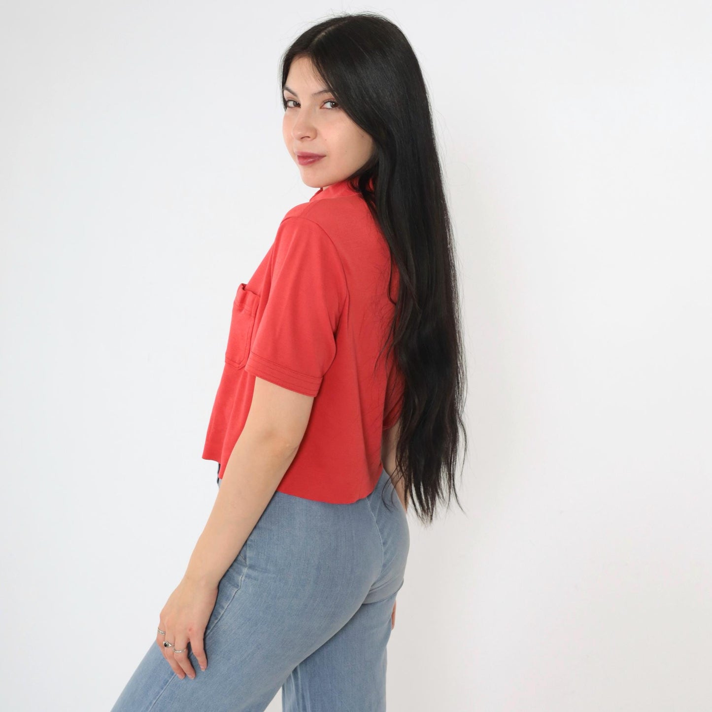 90s Red Polo Shirt Cropped Raw Hem Chest Pocket Medium M