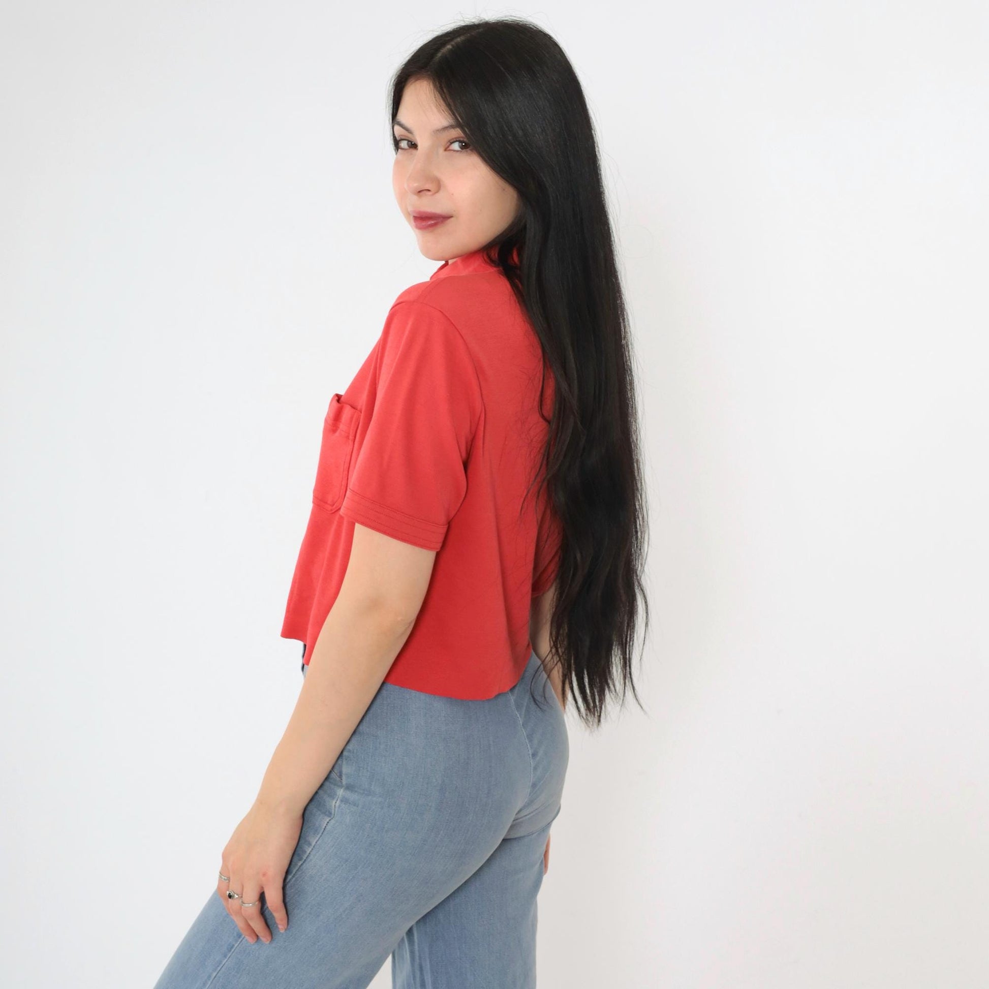 90s Red Polo Shirt Cropped Raw Hem Chest Pocket Medium M
