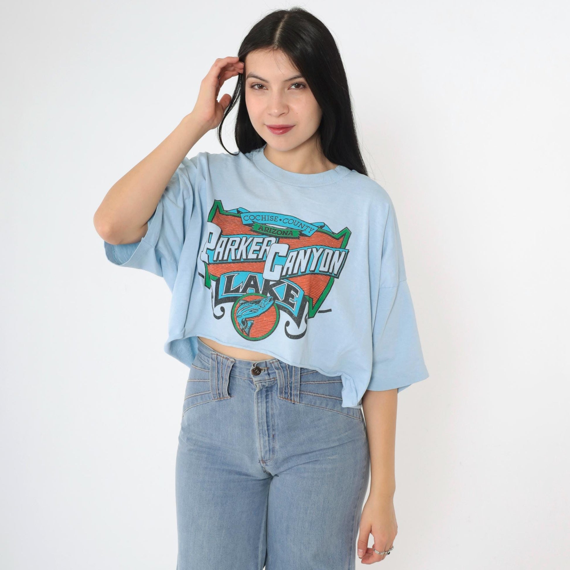 90s Parker Canyon Lake Arizona Fishing Graphic Crop Tee Baby Blue XXL
