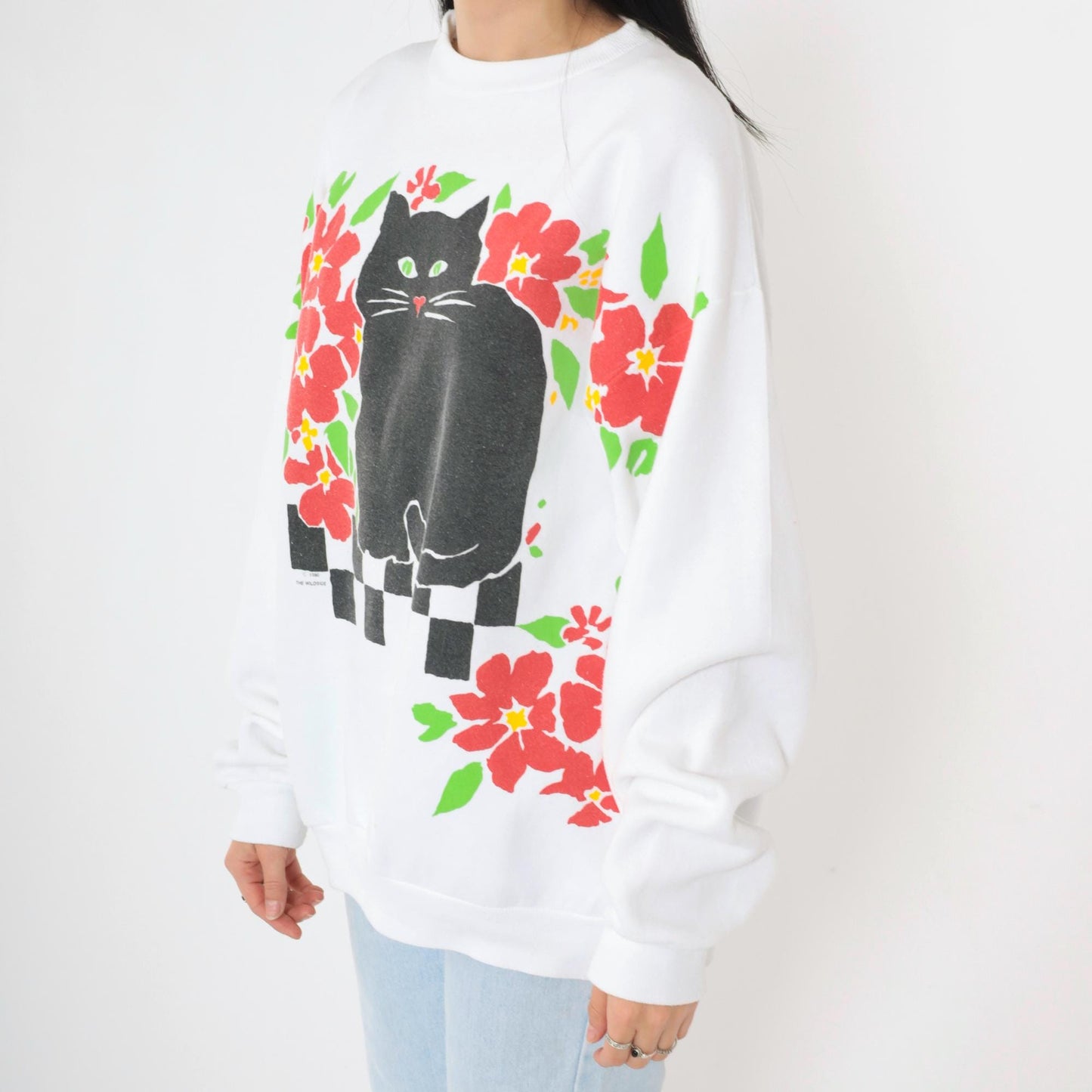 90s Cat Sweatshirt Black Graphic Crewneck White Red Hearts Large L