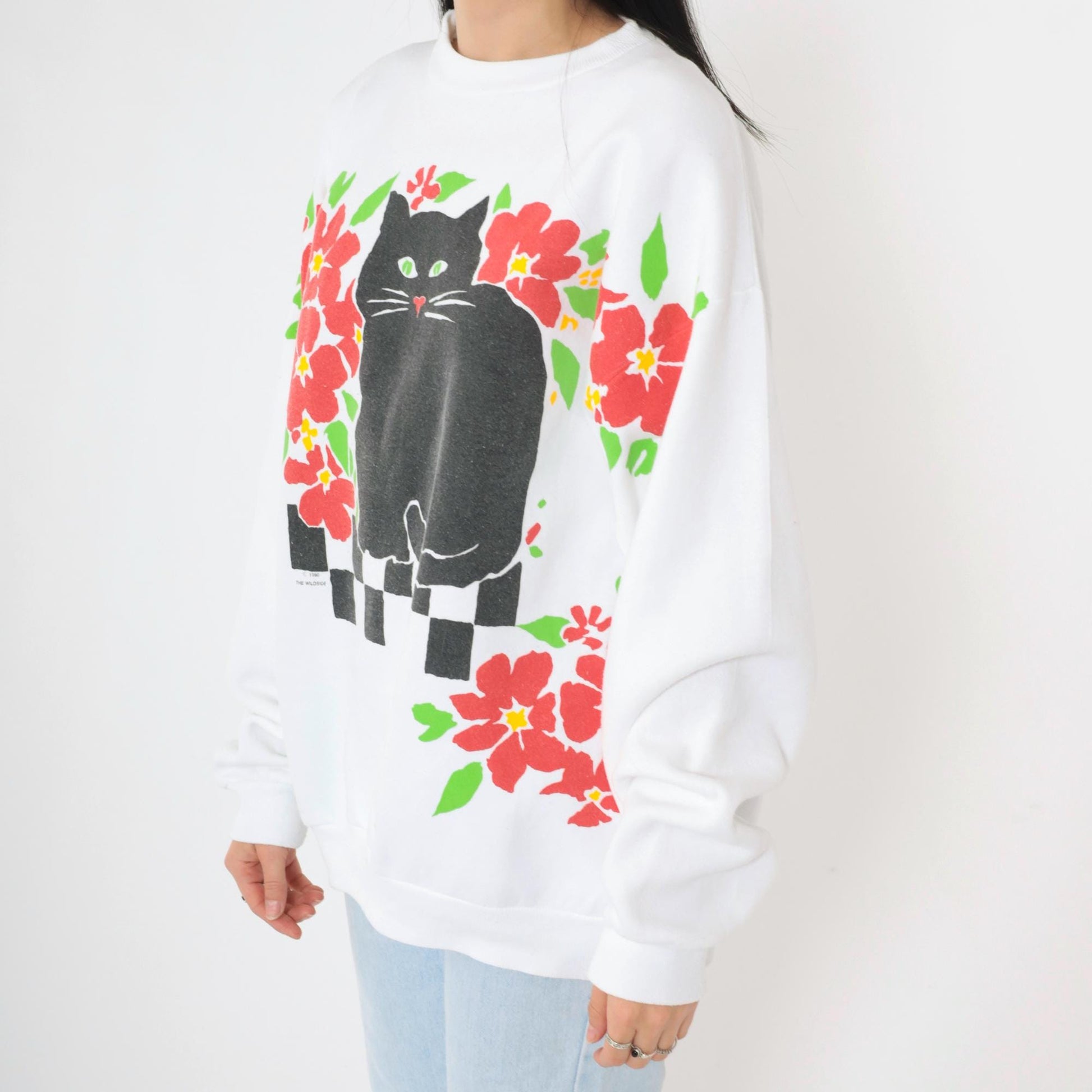 90s Cat Sweatshirt Black Graphic Crewneck White Red Hearts Large L