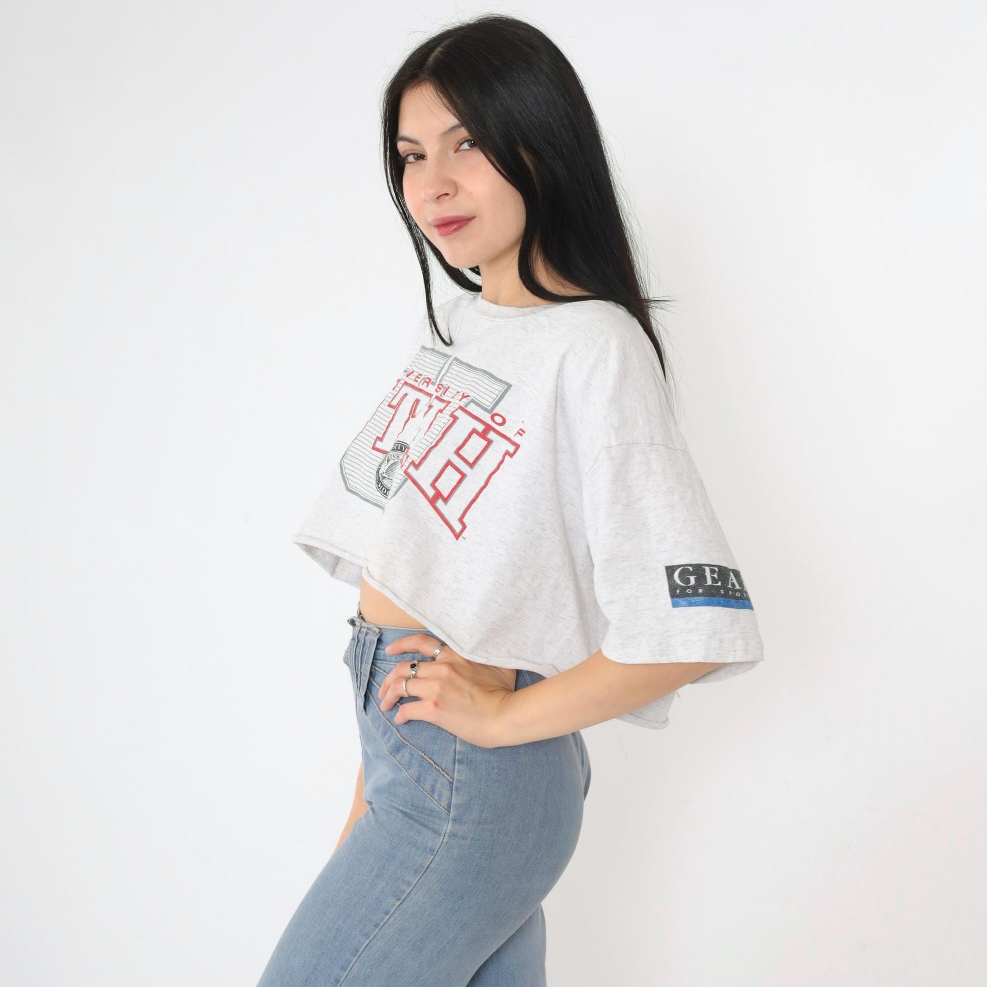 90s University of Utah Utes Crop Top Grey Graphic T-Shirt Cotton Medium