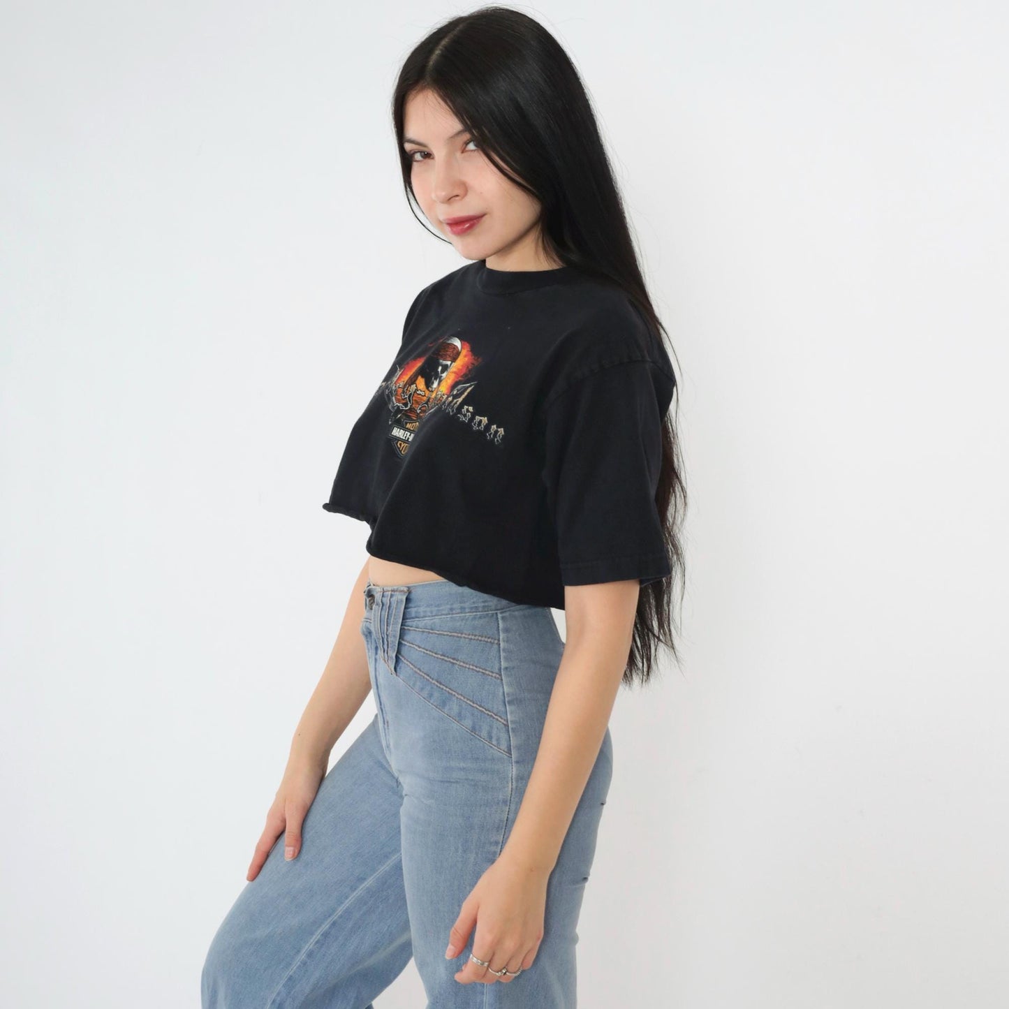 00s Harley Davidson Pirate Skull Crop Top Black Cotton Tee Medium M