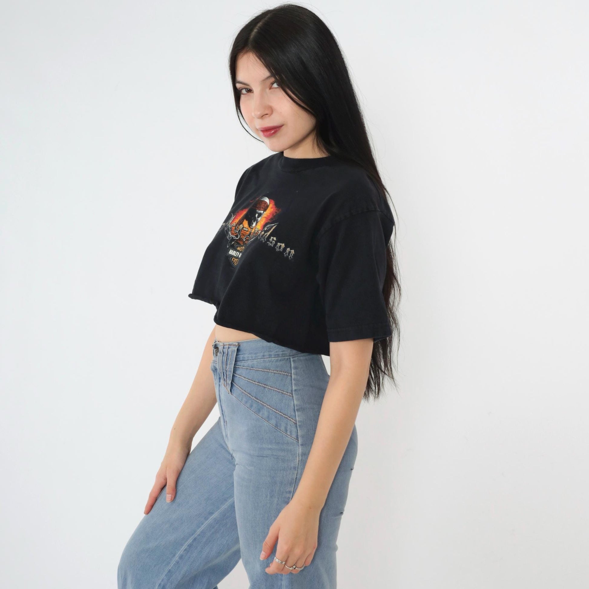 00s Harley Davidson Pirate Skull Crop Top Black Cotton Tee Medium M