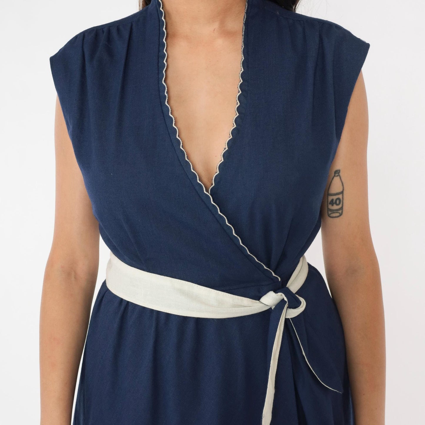 70s Jody of California Navy Wrap Dress Scalloped Neckline Midi Small