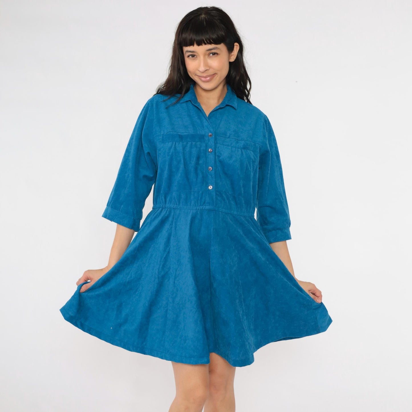 80s Blue Velour Mini Shirtdress High Waist Button Up A-Line Medium