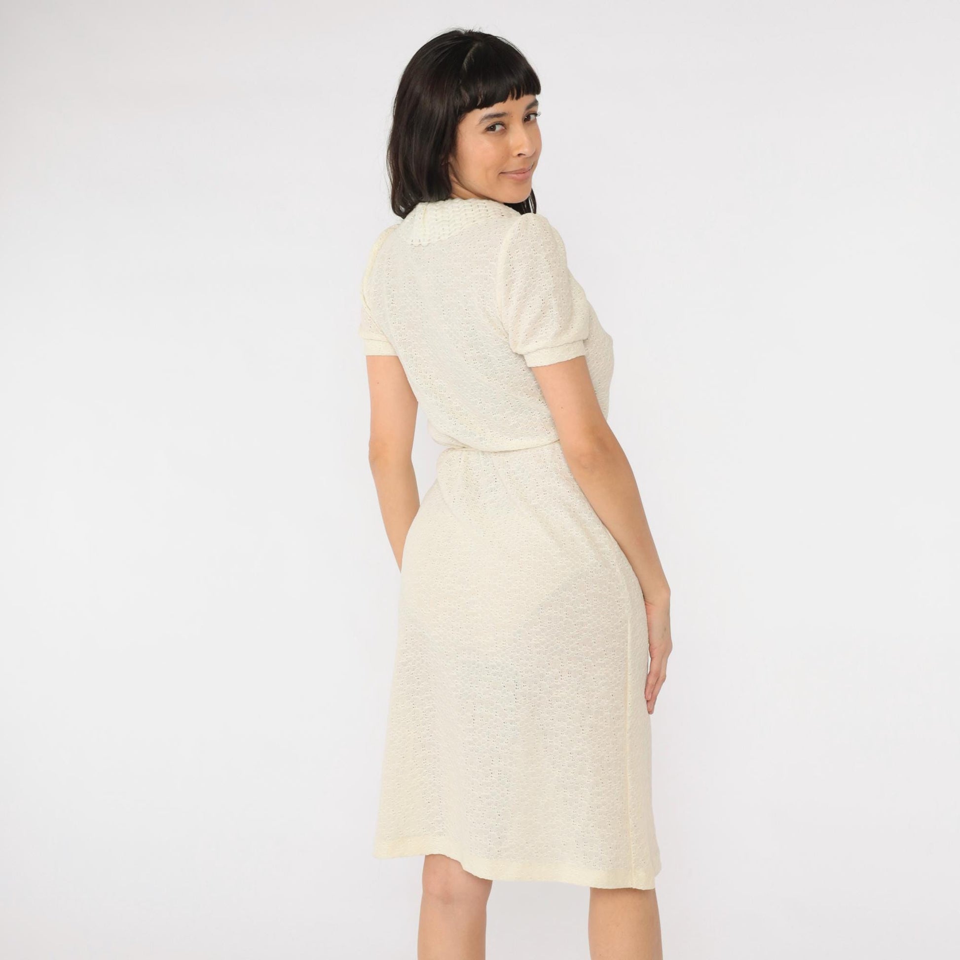 70s Sears Cream Knit Midi Dress Puff Sleeve Keyhole Neck Extra Small