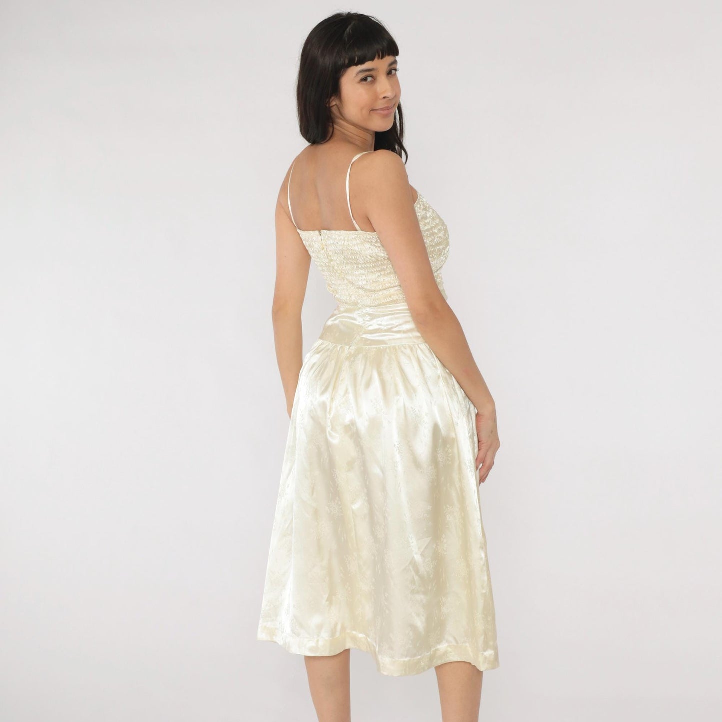 80s Ivory Satin Jacquard Midi Dress Ruched Bodice Spaghetti Strap Small