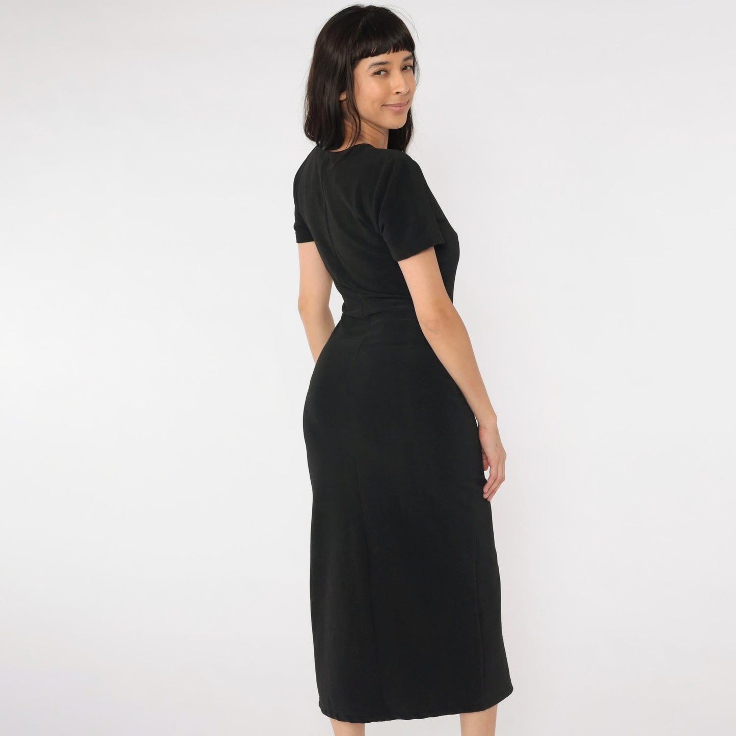 90s Black Bodycon Midi Dress Front Slit Scoop Neck Short Sleeve Medium