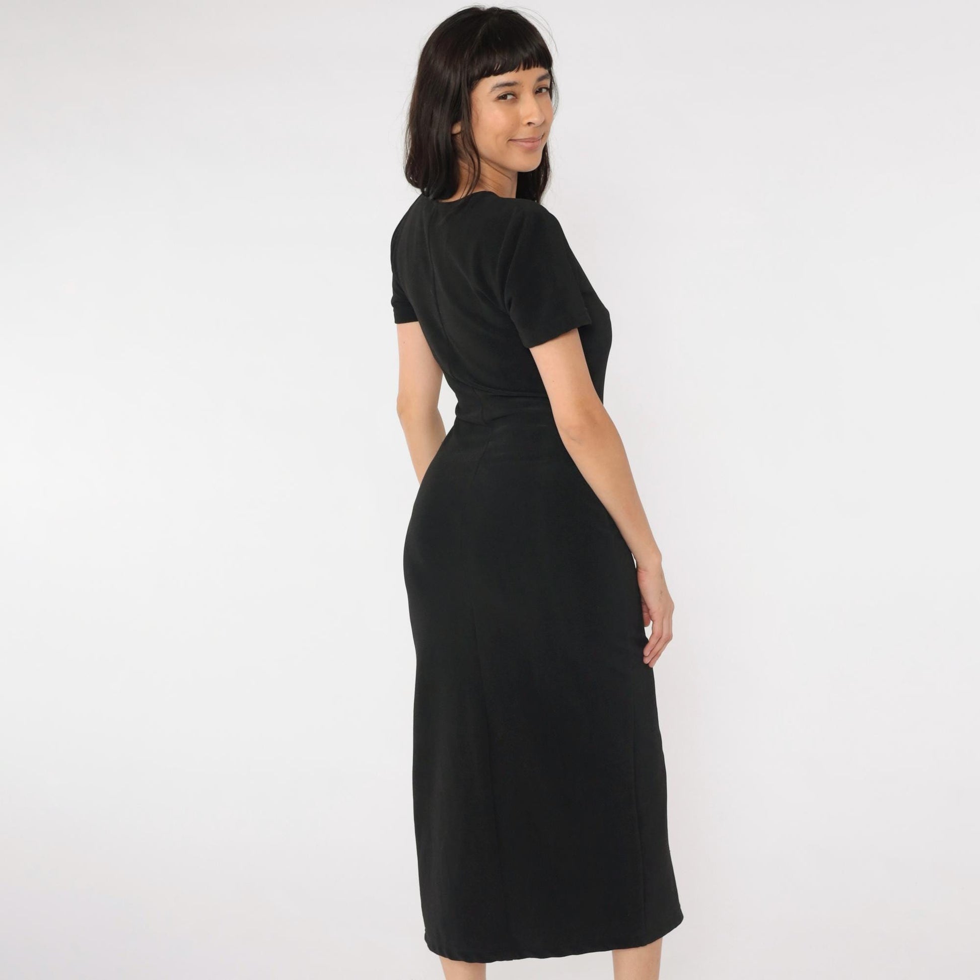 90s Black Bodycon Midi Dress Front Slit Scoop Neck Short Sleeve Medium