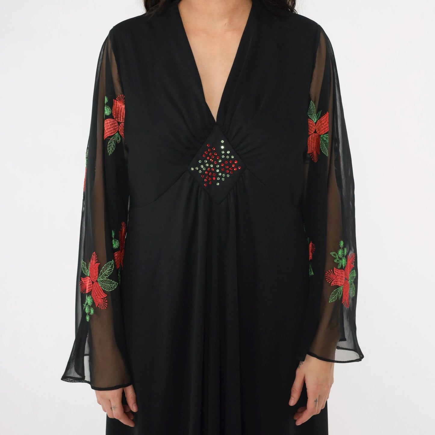 70s Black Maxi Dress Angel Sleeve Floral Embroidered Empire Waist Large