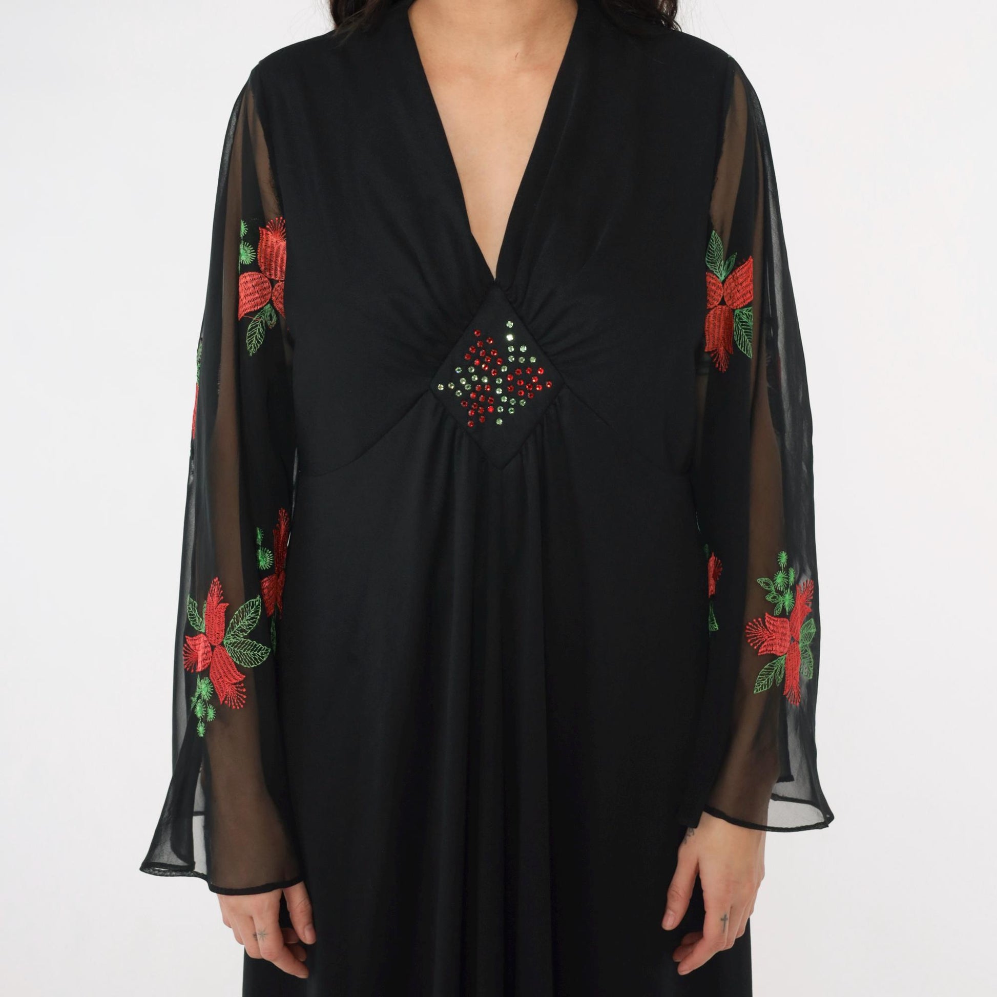 70s Black Maxi Dress Angel Sleeve Floral Embroidered Empire Waist Large