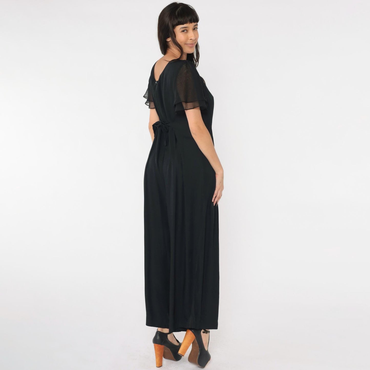 90s Black Wide Leg Jumpsuit Chiffon Flutter Sleeve Scoop Neck Medium M