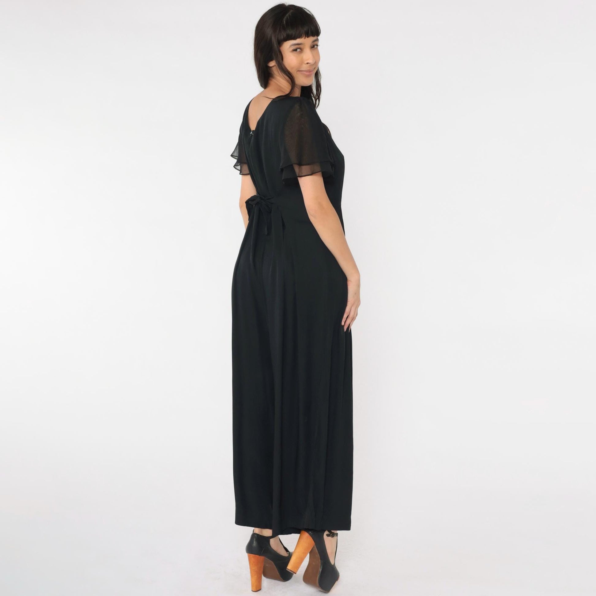 90s Black Wide Leg Jumpsuit Chiffon Flutter Sleeve Scoop Neck Medium M