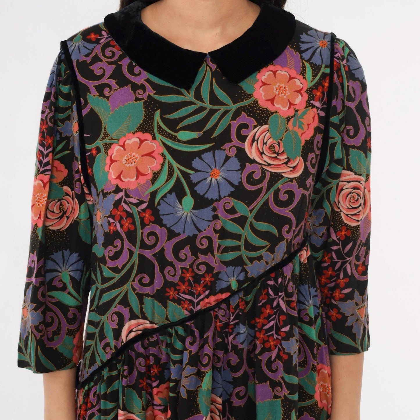 80s Floral Midi Dress Black Multicolor Peter Pan Collar Velvet Asymmetrical Large