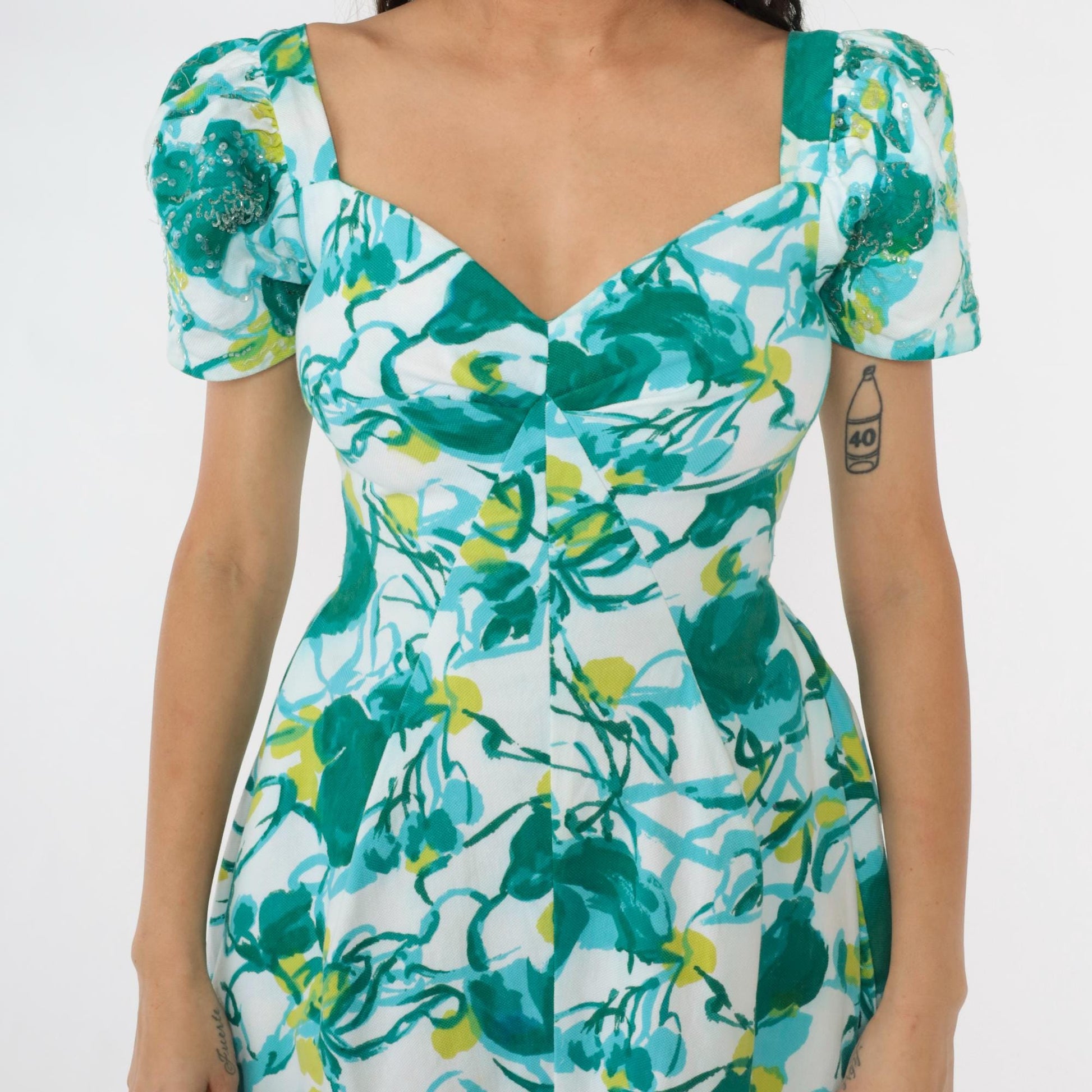 60s Green Abstract Floral Sequin Beaded Dress Sweetheart Puff Sleeve Small