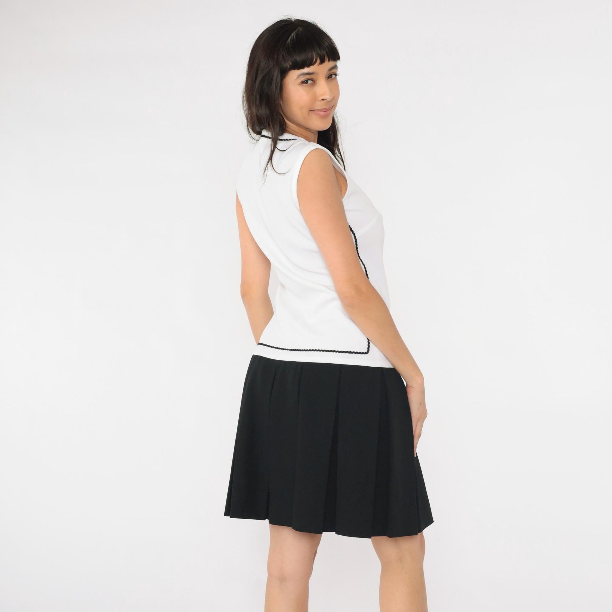 60s Mod Mini Dress Black White Drop Waist Pleated Sleeveless Small
