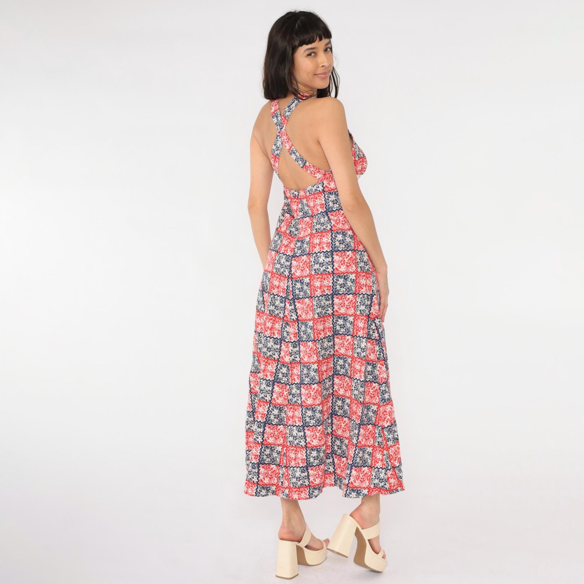 70s Patchwork Floral Maxi Halter Dress Red White Blue Empire Waist Small