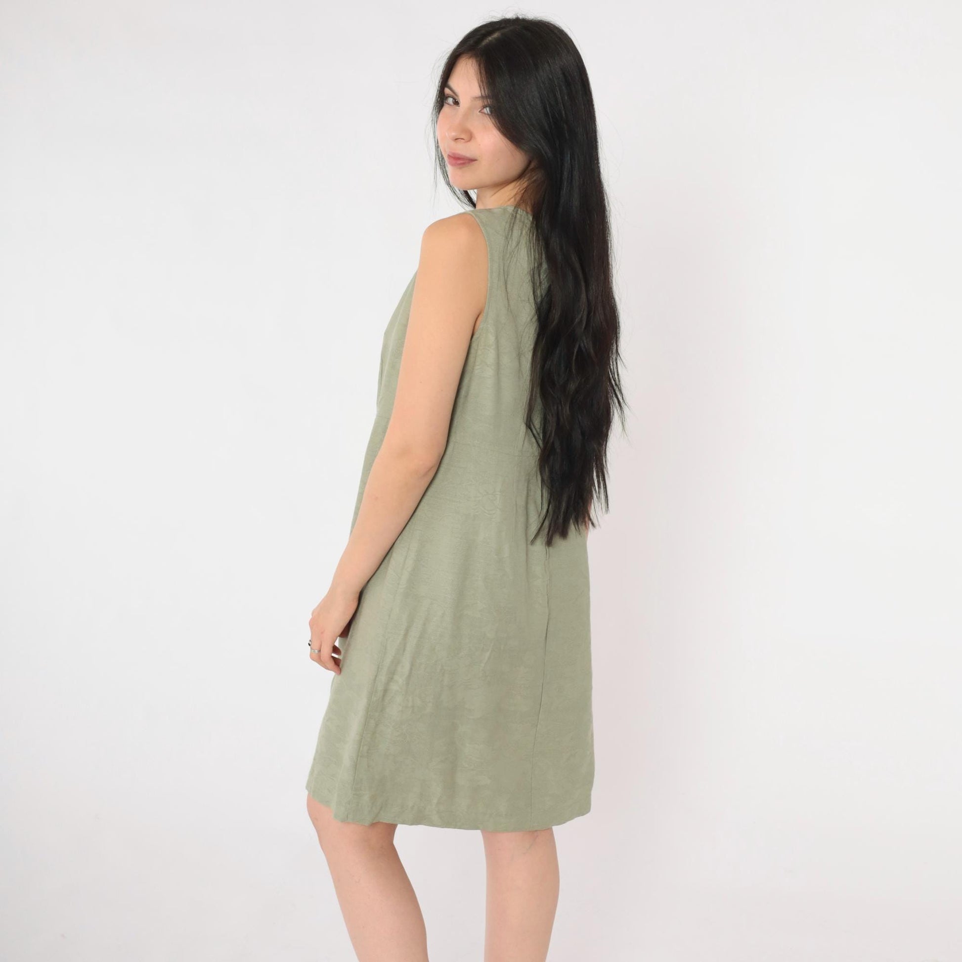 90s Karin Stevens Floral Jacquard Mini Dress Olive Green Sleeveless Small