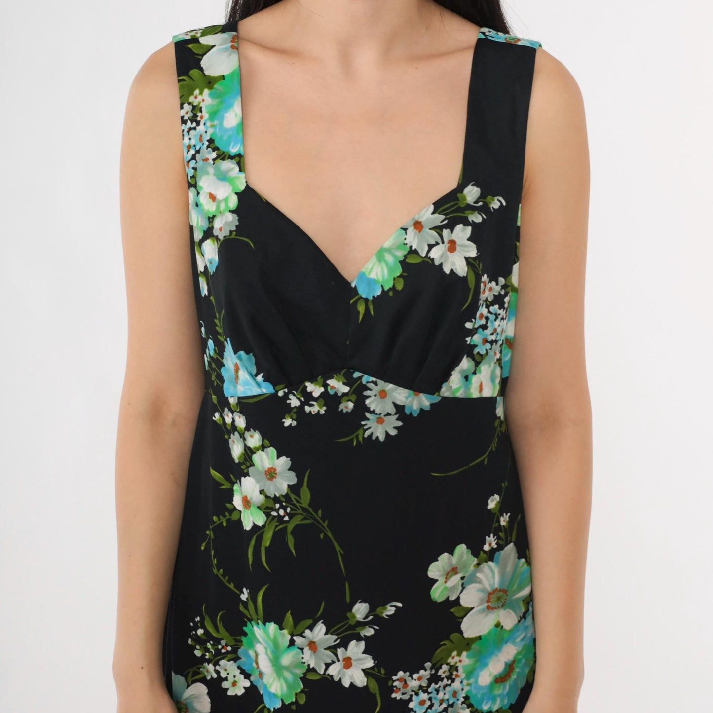 70s Black Floral Maxi Dress Empire Waist Sleeveless Sweetheart Neckline Medium
