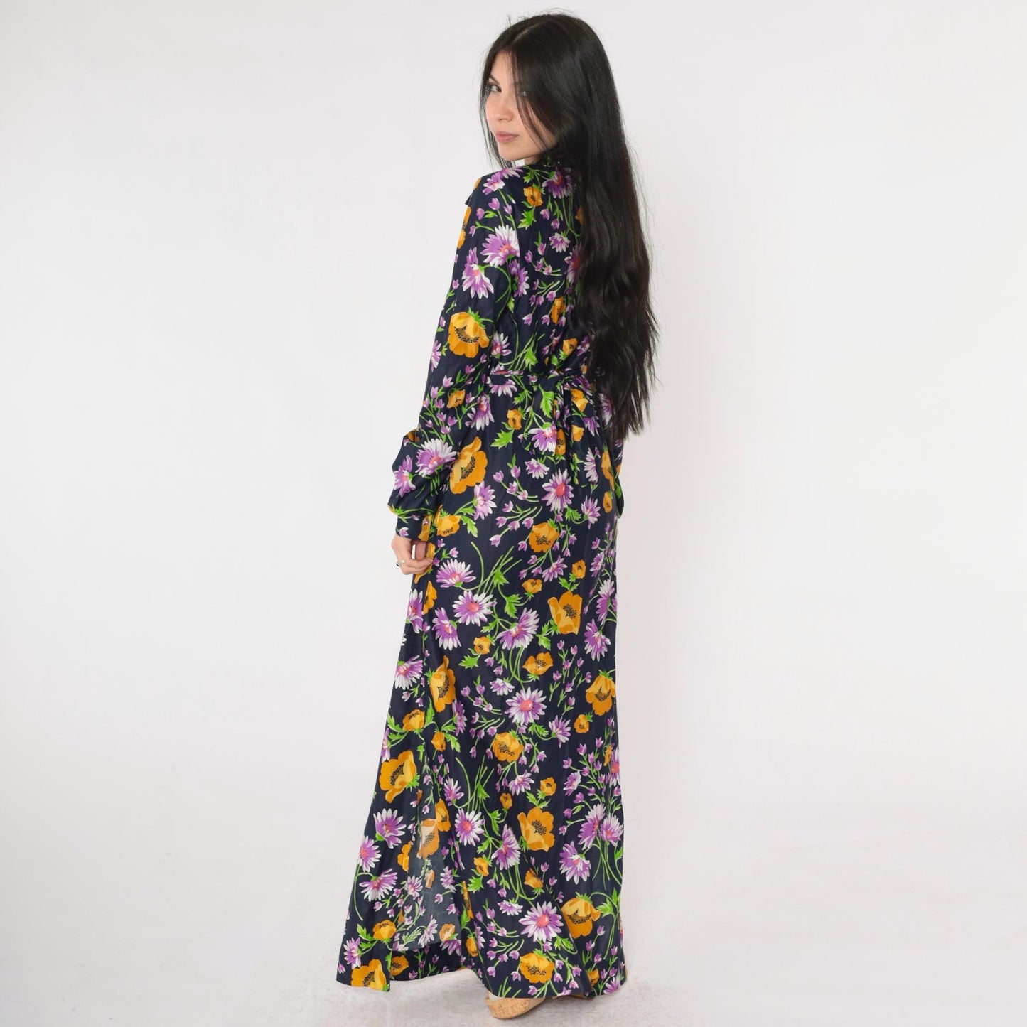 70s Lane Bryant Navy Floral Maxi Shirt Dress Dagger Collar Belt Small