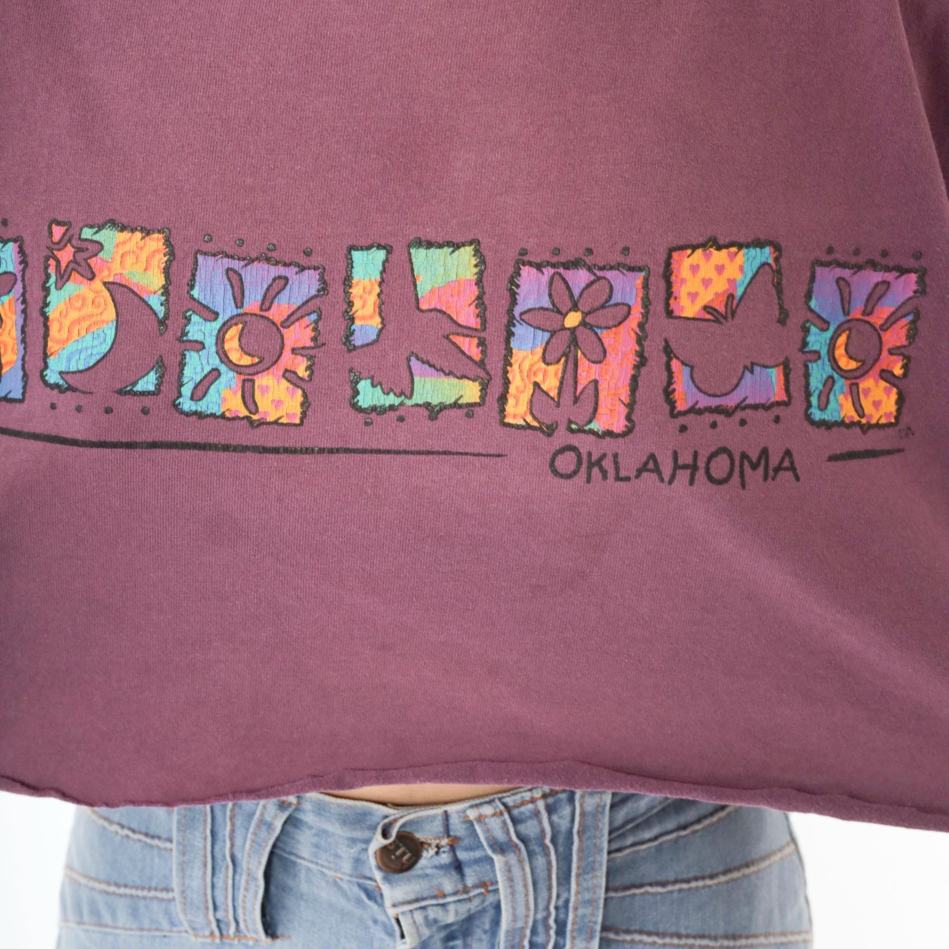90s Oklahoma Floral Crop Top Burgundy Graphic T-Shirt Medium