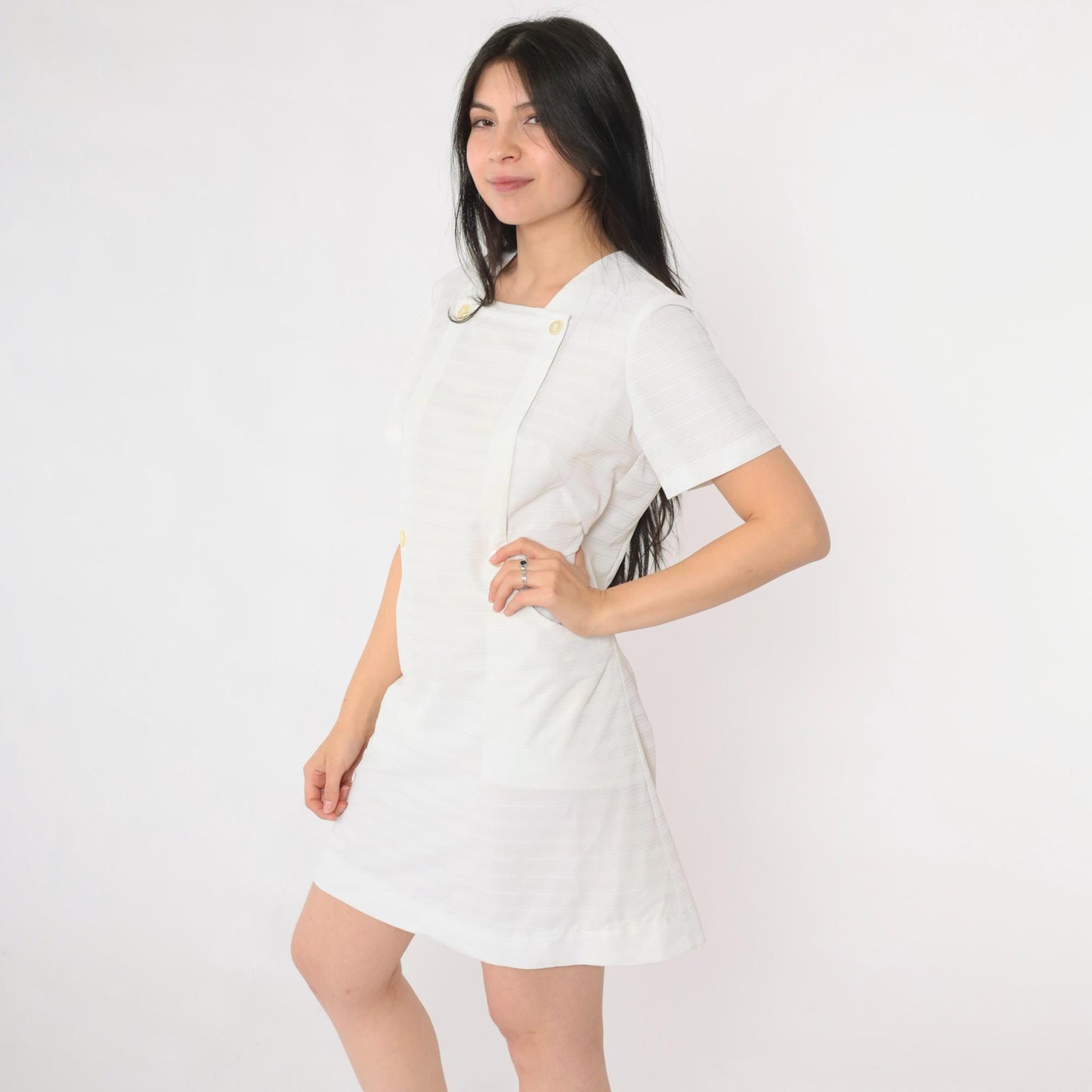 60s White Nurse Shift Dress Mini Button-Front Short Sleeve Small