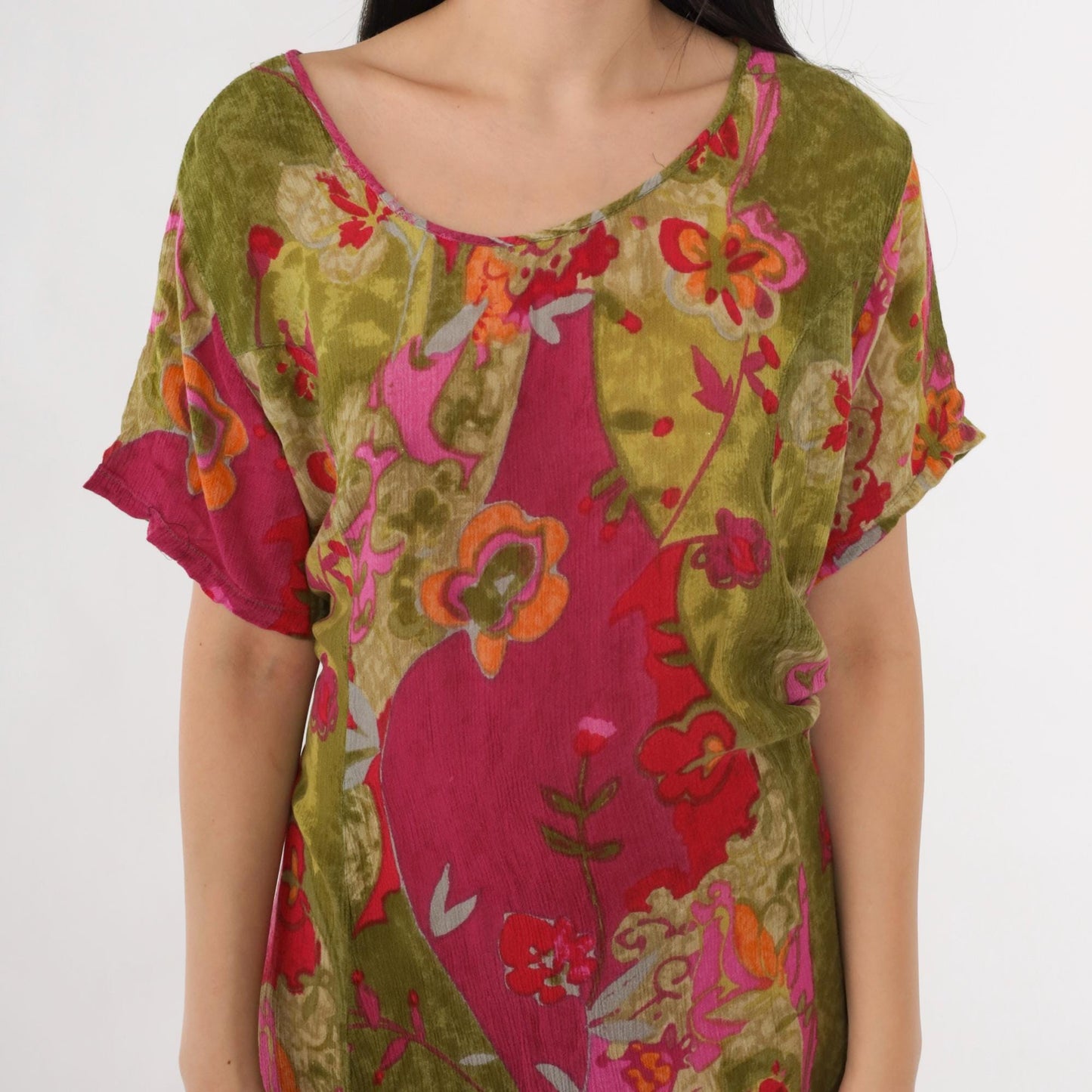 90s Lolette Floral Mini Dress Olive Fuchsia Shift Tie Back Extra Large XXL