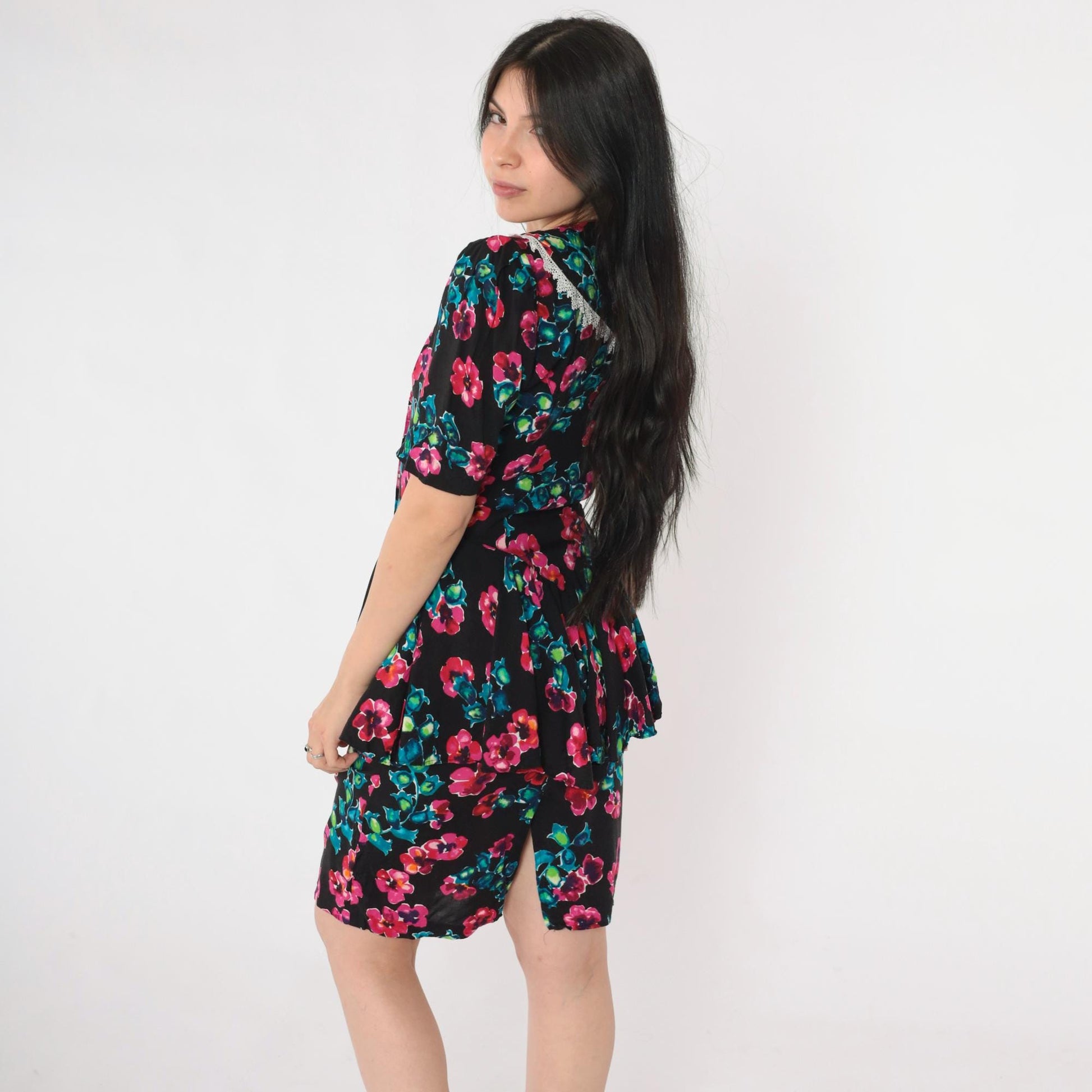 80s Milarzo Floral Peplum Mini Dress Black Double Breasted Puff Sleeve Small