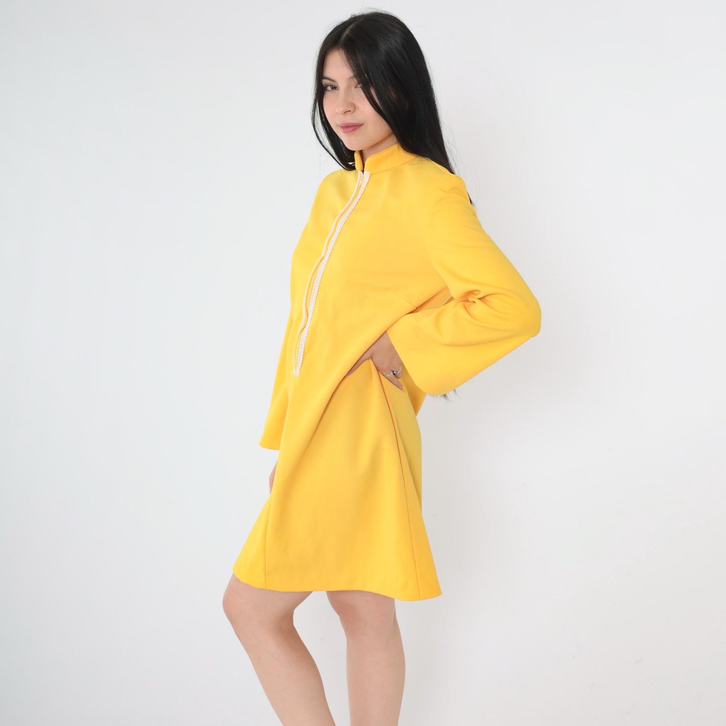 70s Yellow Mod Shift Dress Front Zip Wide Sleeve Mandarin Collar Mini Small