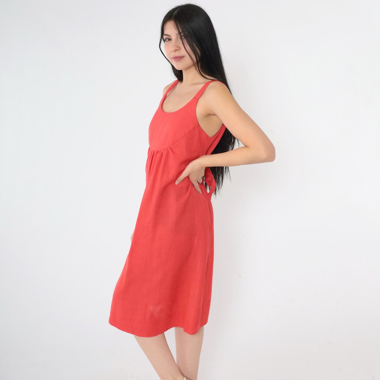 70s Red Empire Waist Sundress Tank Strap Scoop Neck Pockets Small