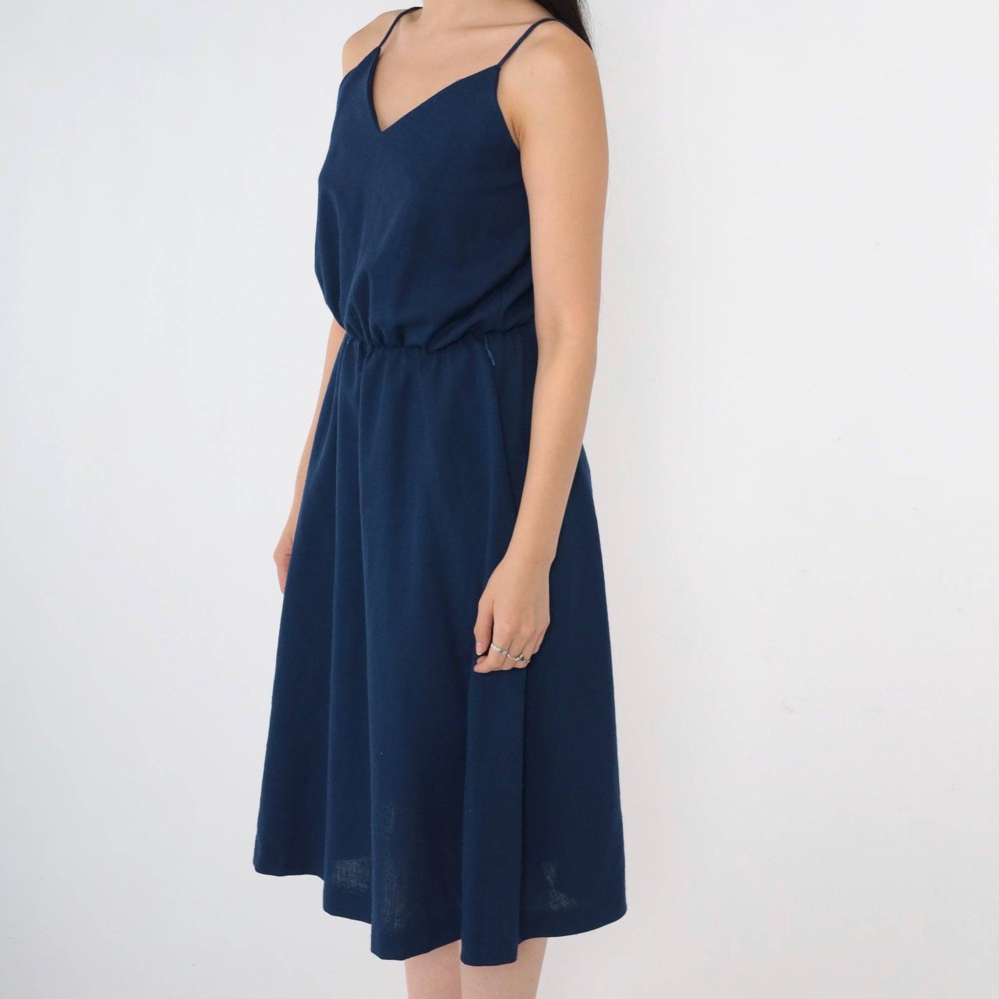 70s Navy Midi Sundress V-Neck Spaghetti Strap High Waist Small