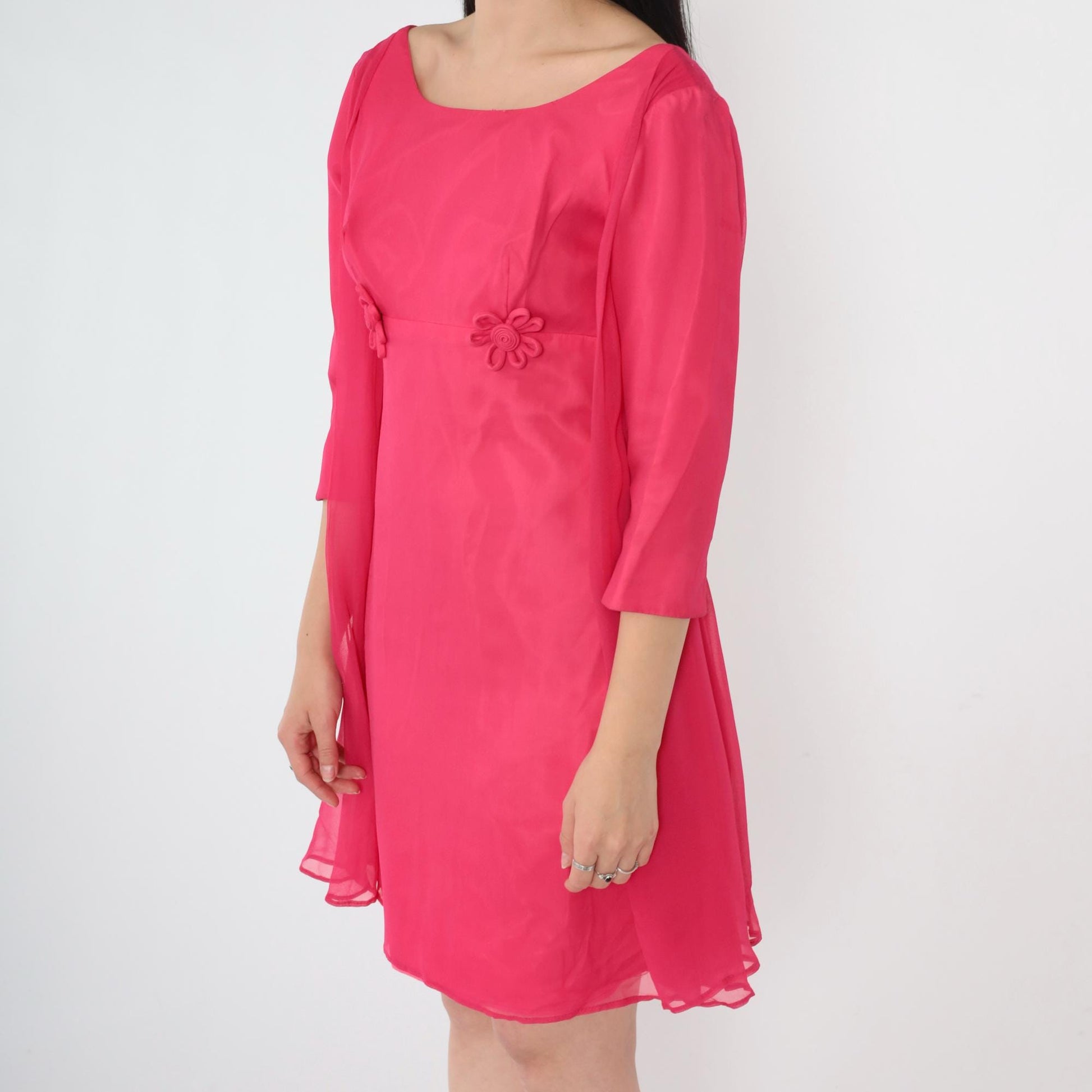 60s Pink Chiffon Mini Dress Empire Waist Floral Applique Long Sleeve Extra Small