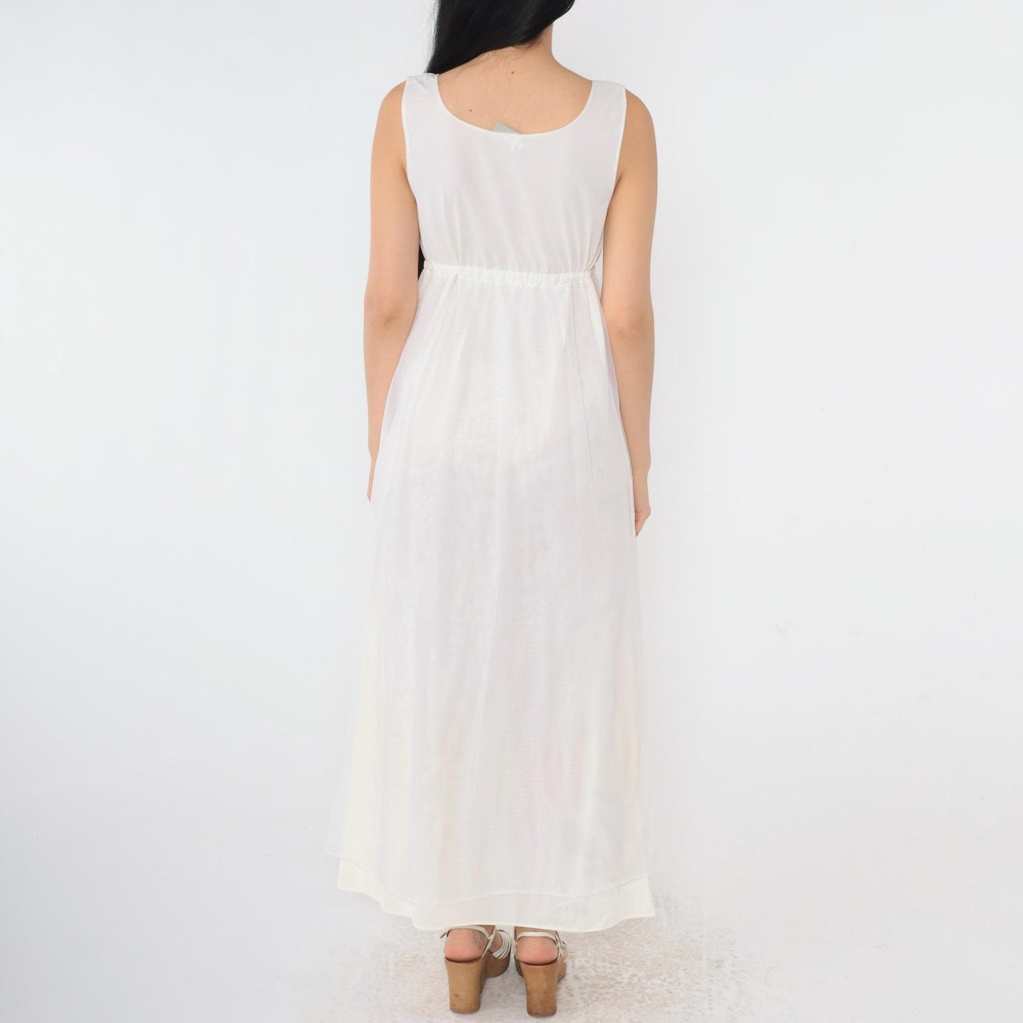 70s White Nylon Maxi Slip Dress Empire Waist Drawstring Scoop Neck Small