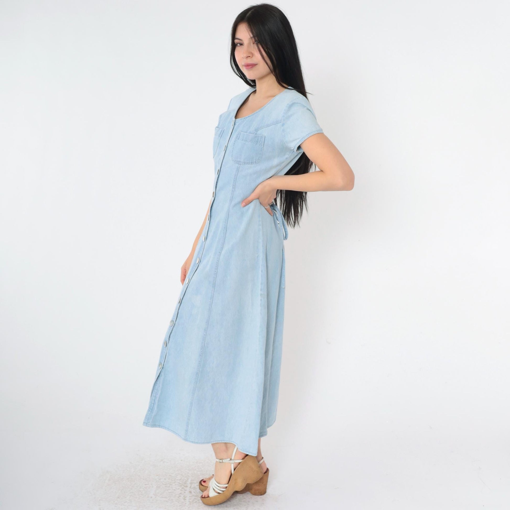 90s Blue Denim Shirtdress Ankle Length Button Up Short Sleeve Small S