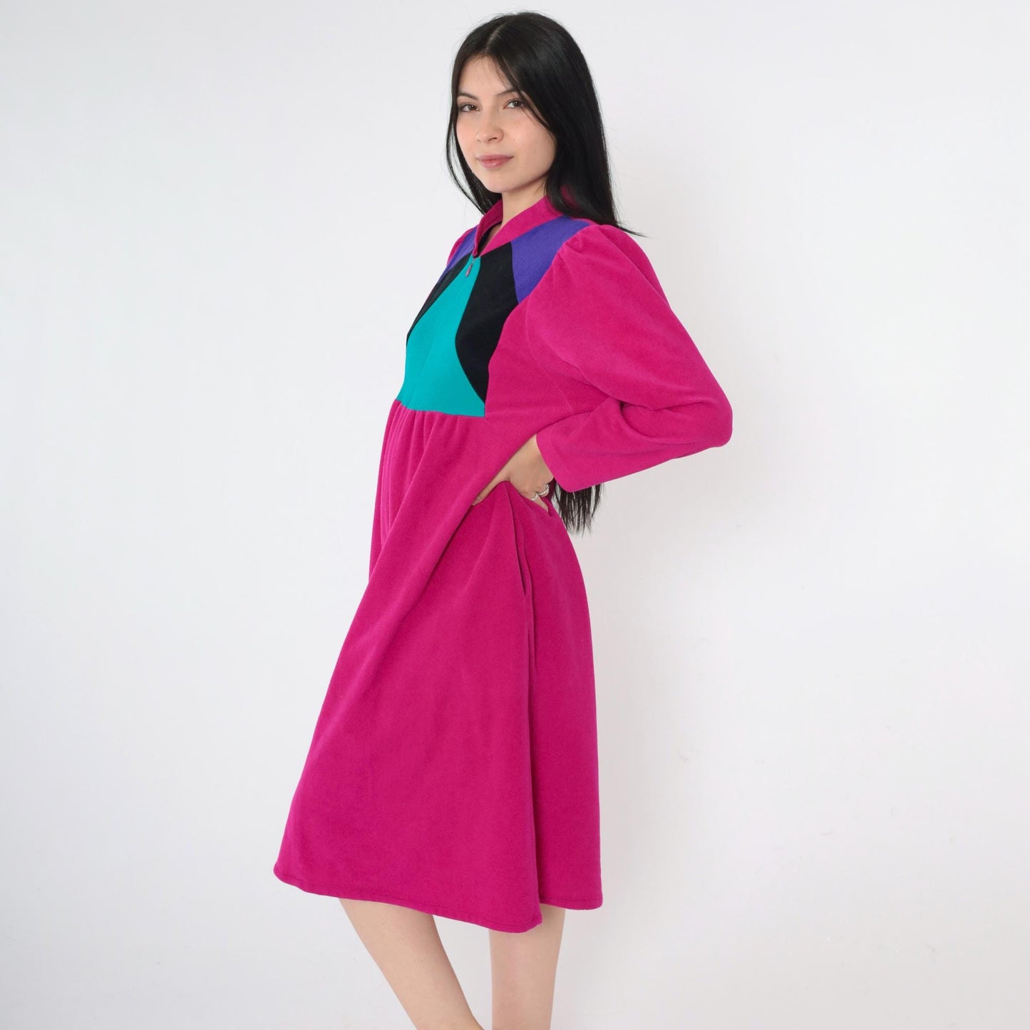 80s Vassarette Velour Lounge Dress Fuchsia Color Block Midi Zip Front Medium M